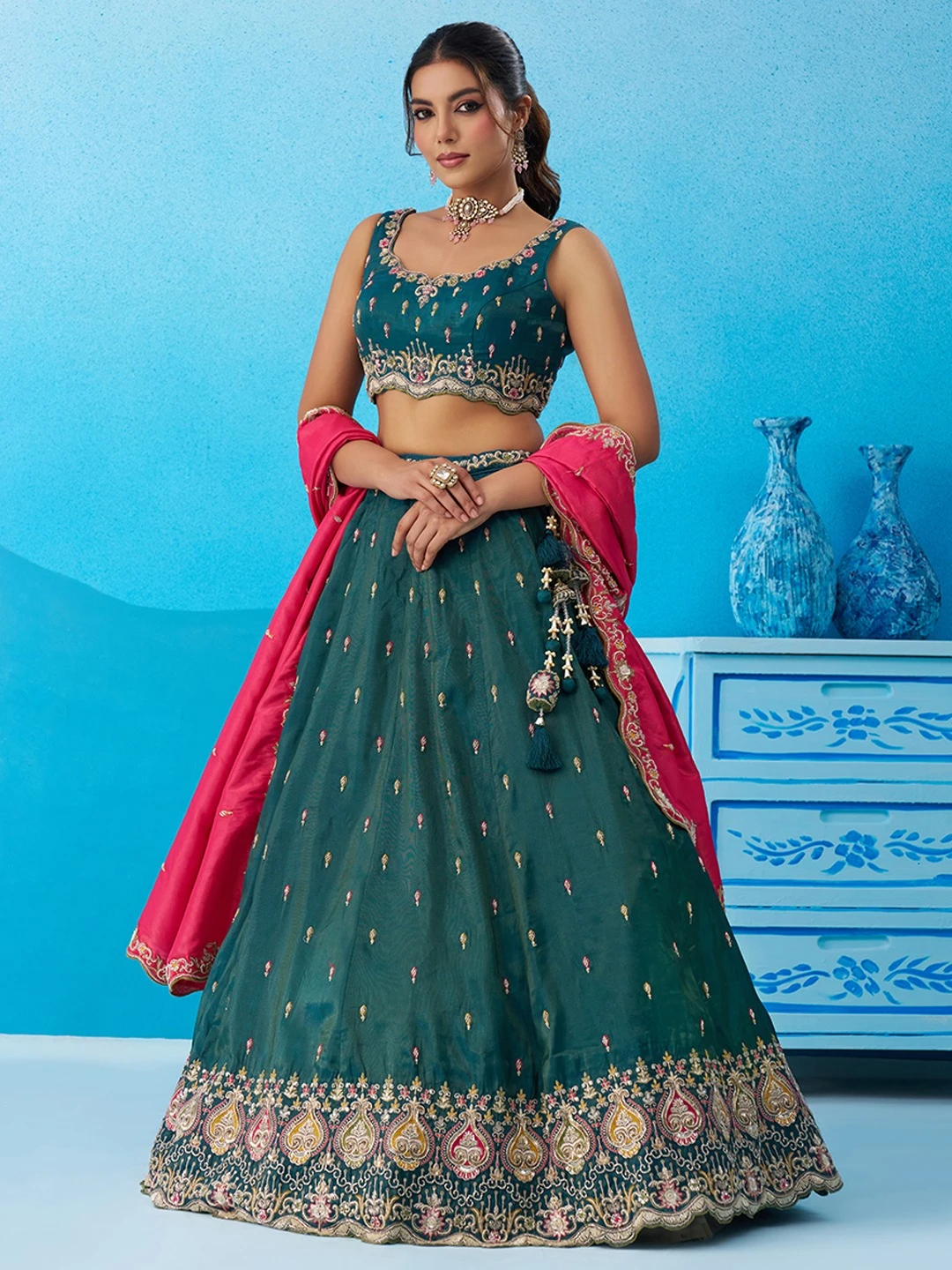 ADORN CRAFT 6313-Rama Pink Cream And Pink HD Lehenga Set