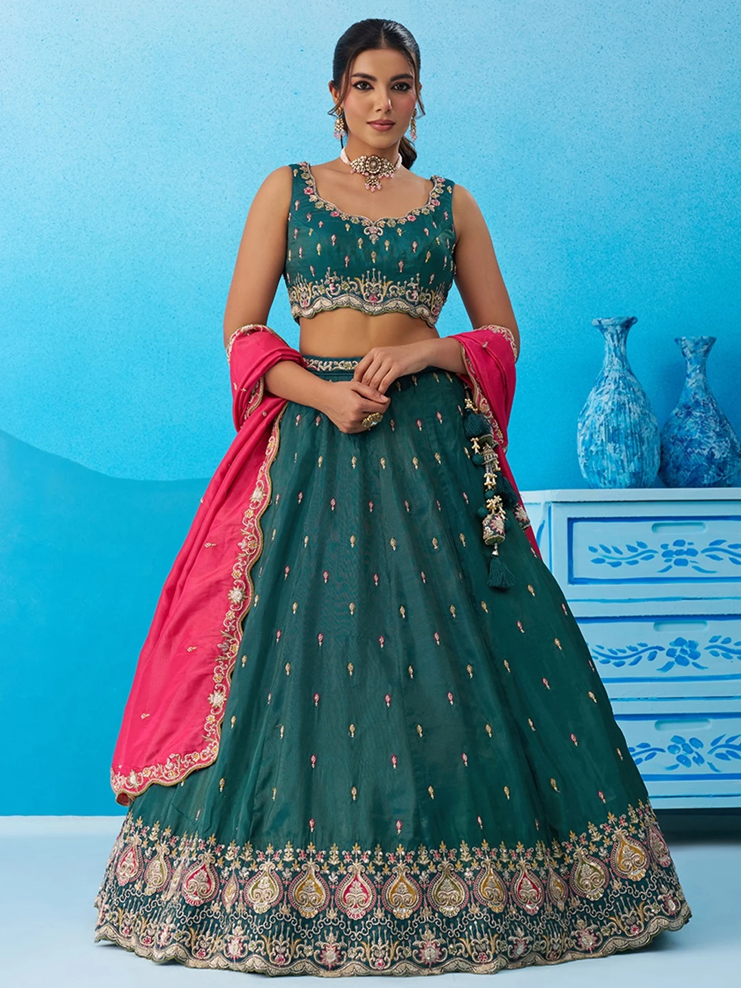 ADORN CRAFT 6313-Rama Pink Cream And Pink HD Lehenga Set
