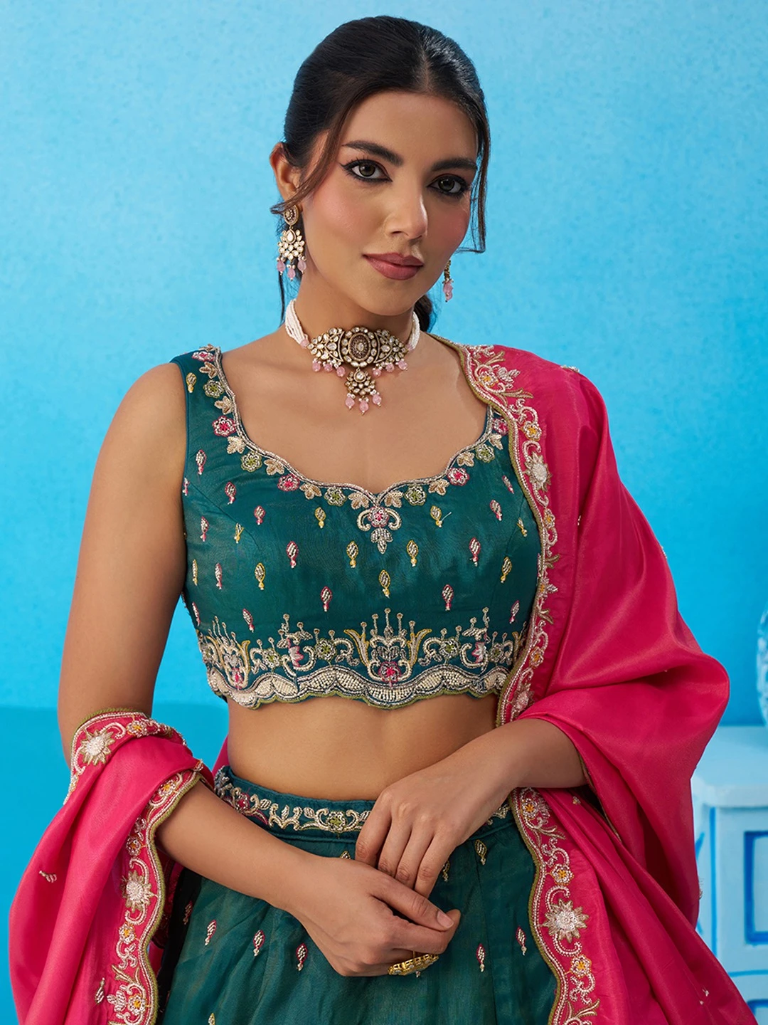 ADORN CRAFT 6313-Rama Pink Cream And Pink HD Lehenga Set