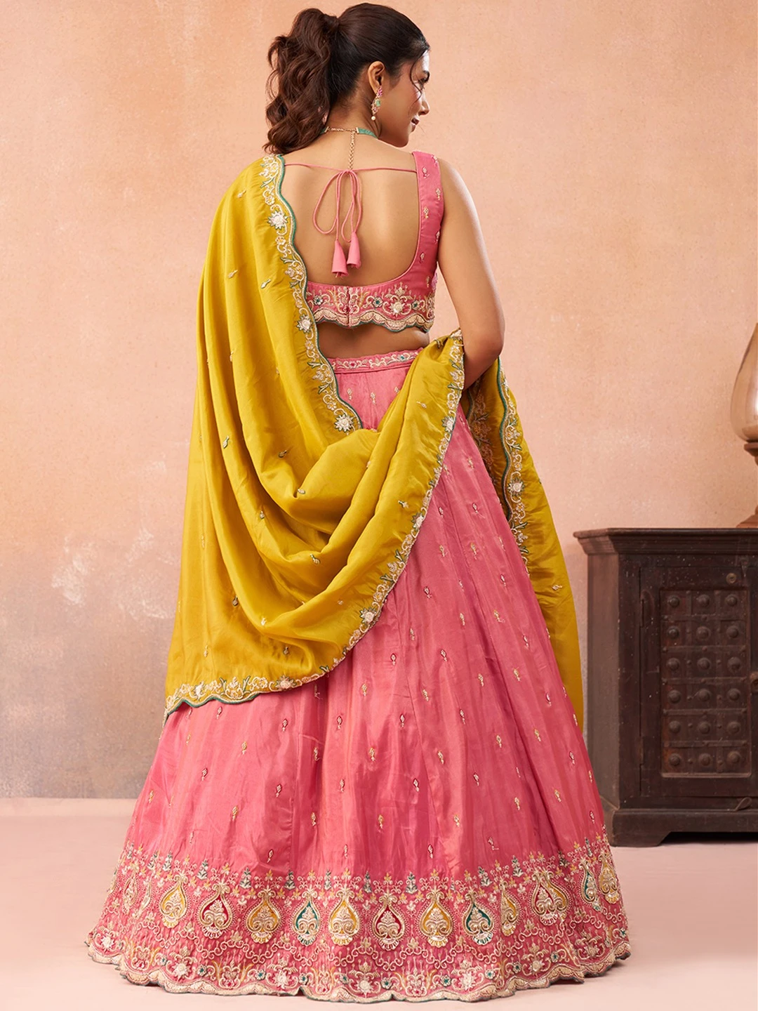 ADORN CRAFT 6313-Rama Pink Cream And Pink HD Lehenga Set