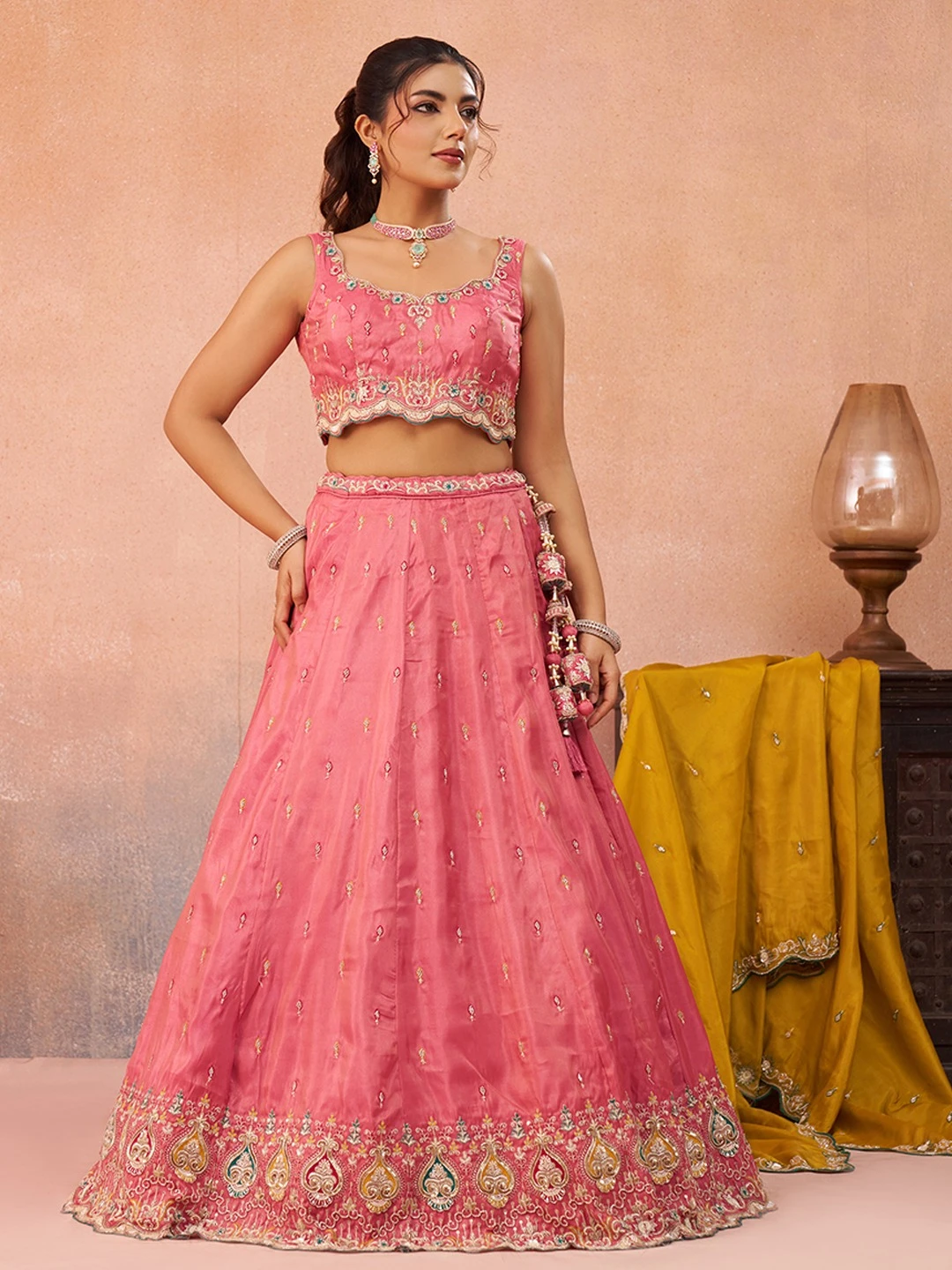 ADORN CRAFT 6313-Rama Pink Cream And Pink HD Lehenga Set