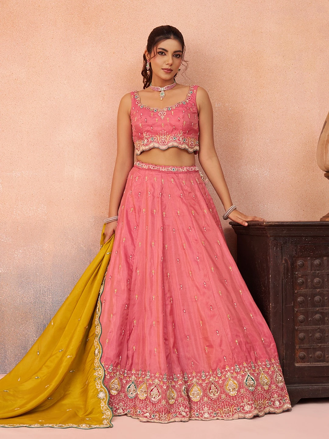 ADORN CRAFT 6313-Rama Pink Cream And Pink HD Lehenga Set