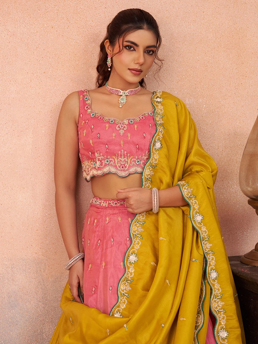 ADORN CRAFT 6313-Rama Pink Cream And Pink HD Lehenga Set