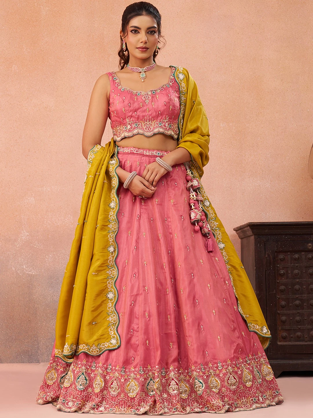 ADORN CRAFT 6313-Rama Pink Cream And Pink HD Lehenga Set