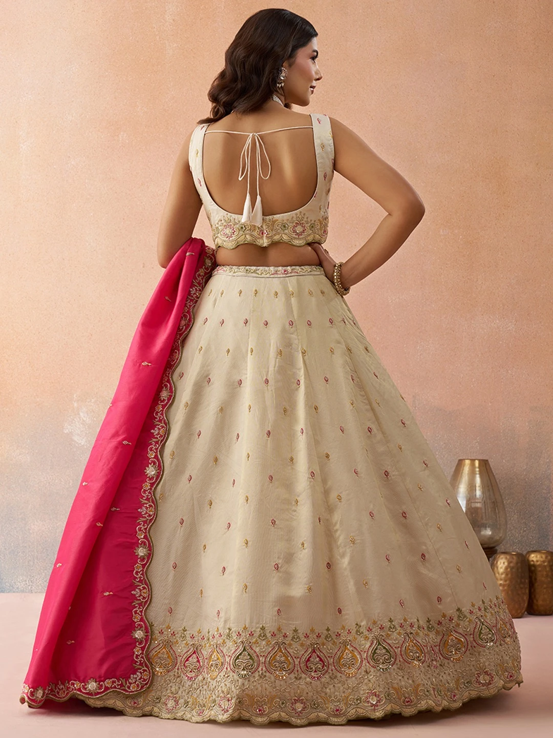 ADORN CRAFT 6313-Rama Pink Cream And Pink HD Lehenga Set