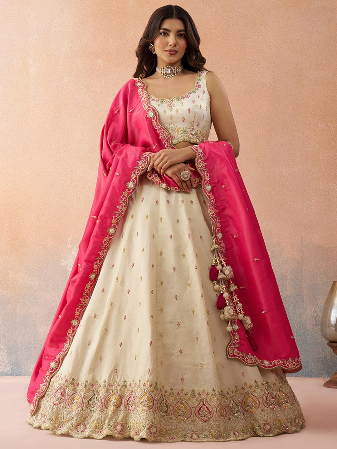 ADORN CRAFT 6313-Rama Pink Cream And Pink HD Lehenga Set