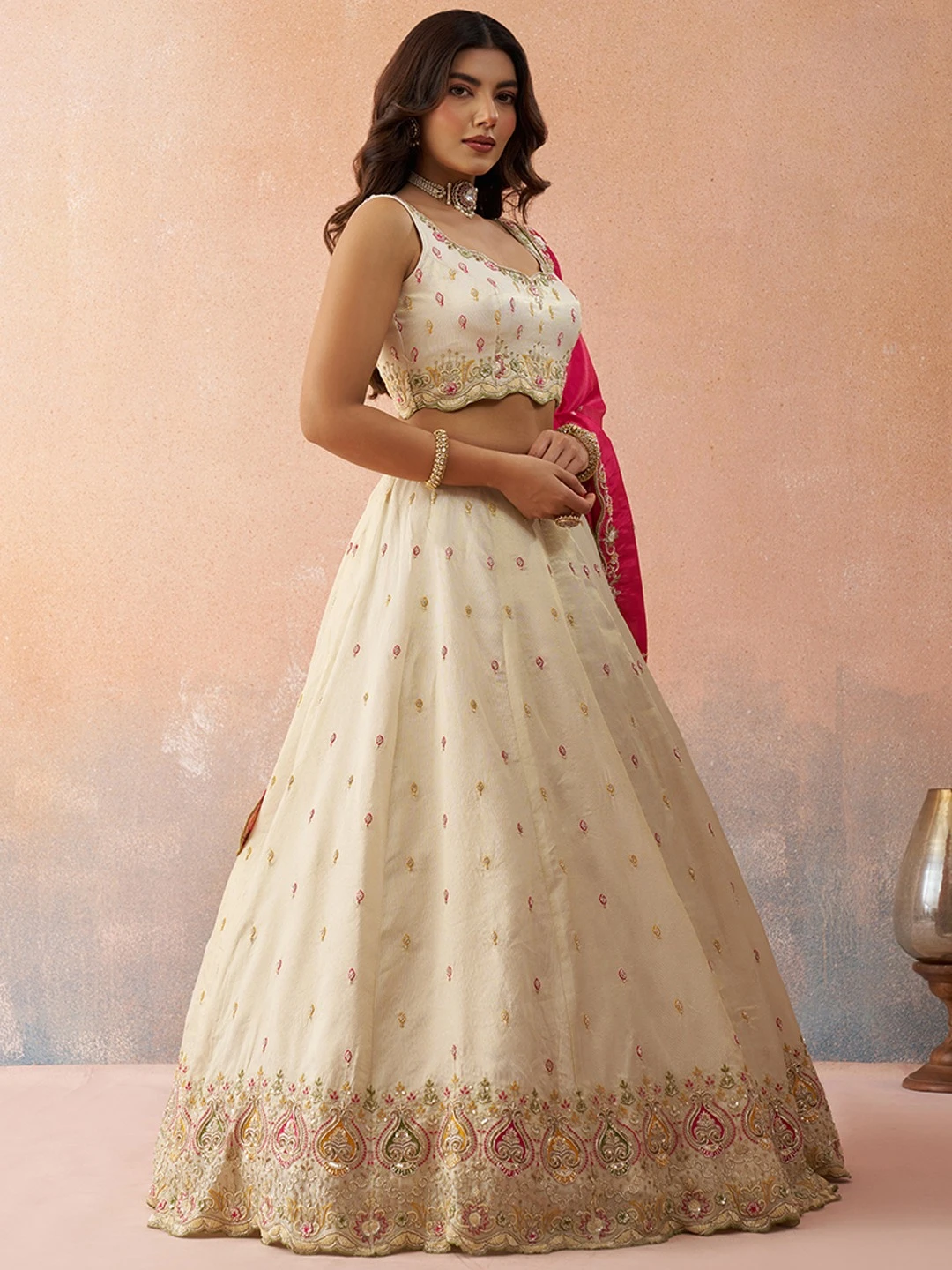 ADORN CRAFT 6313-Rama Pink Cream And Pink HD Lehenga Set