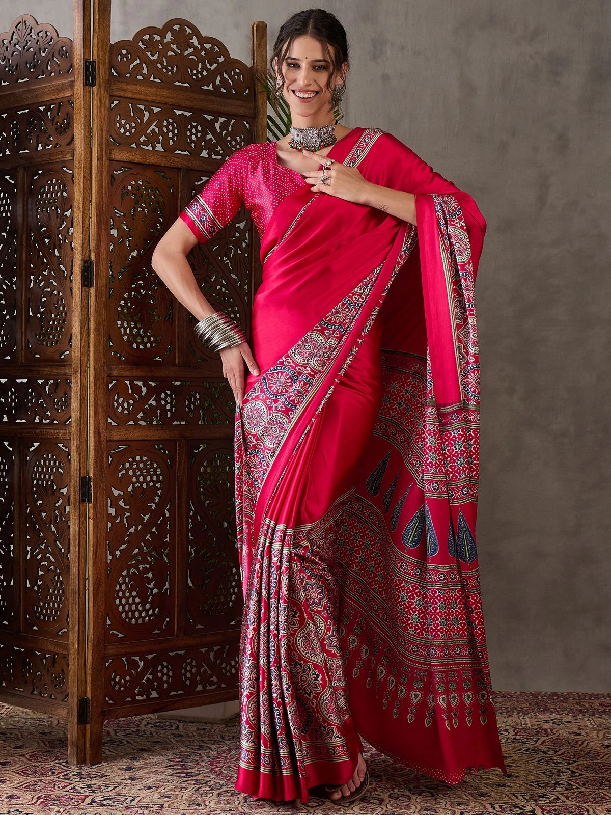 Ajrakh Lux 34 Semi Modal Silk Printed Saree Collection