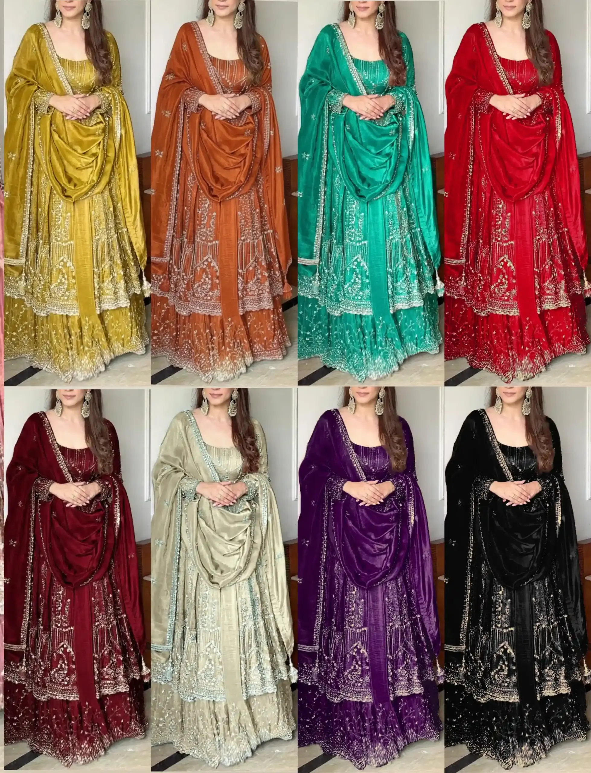 AMRANI Designer Crunchy Silk Gown With Lehenga & Dupatta Set