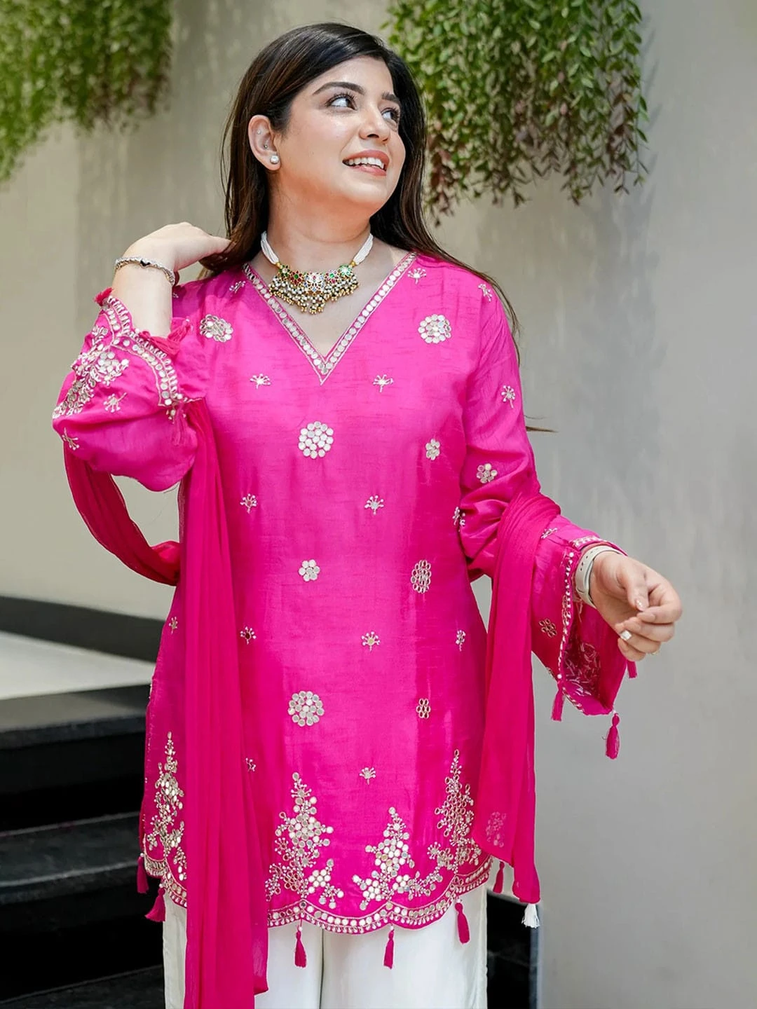AMRANI Designer Viscose Glass Kurta Palazzo Set With Dupatta