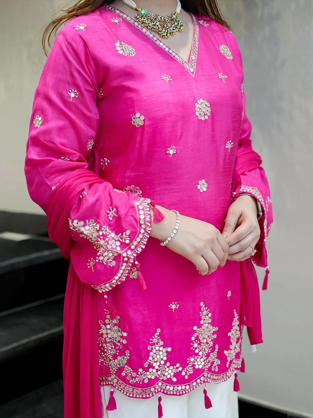 AMRANI Designer Viscose Glass Kurta Palazzo Set With Dupatta