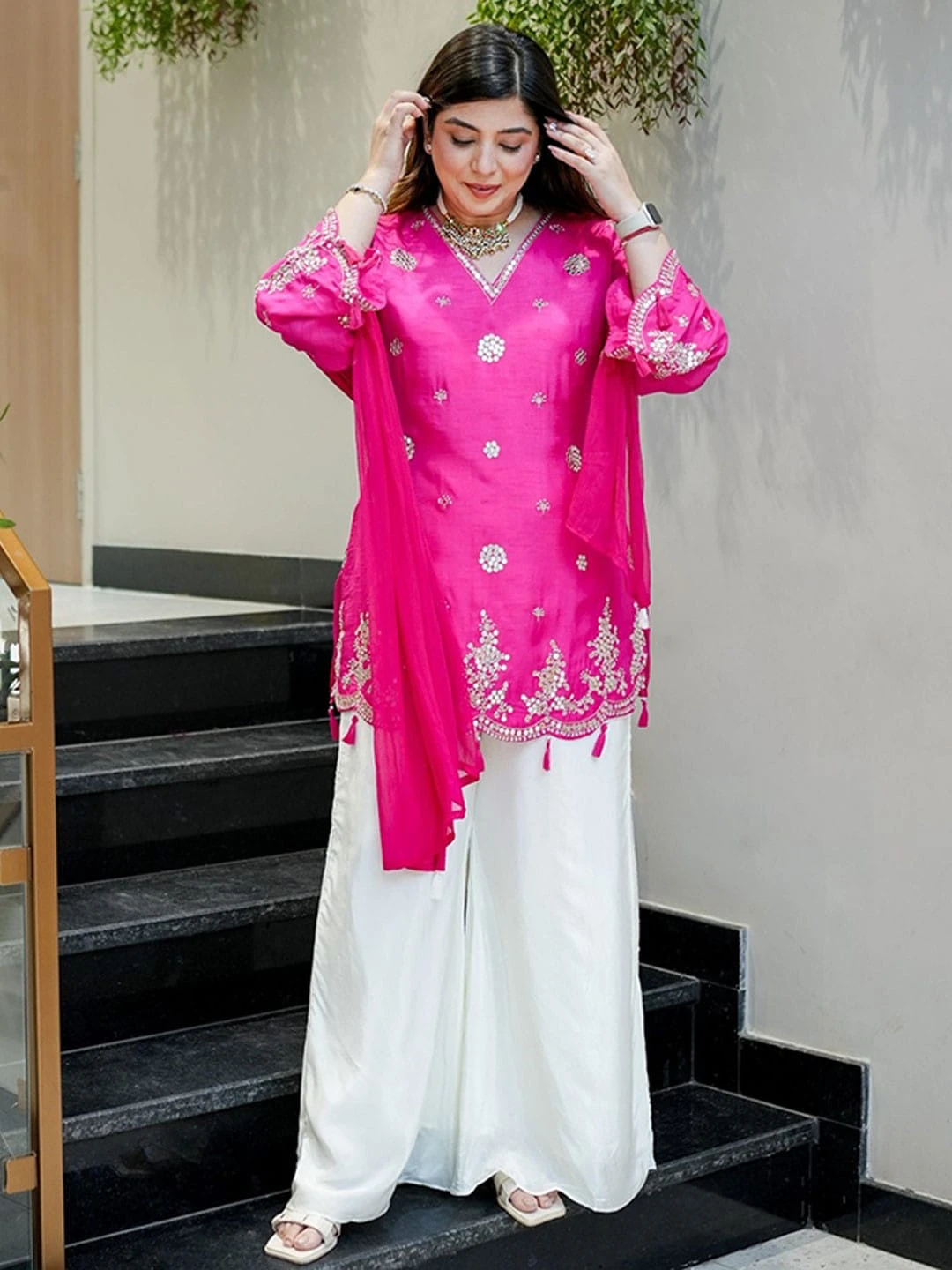 AMRANI Designer Viscose Glass Kurta Palazzo Set With Dupatta