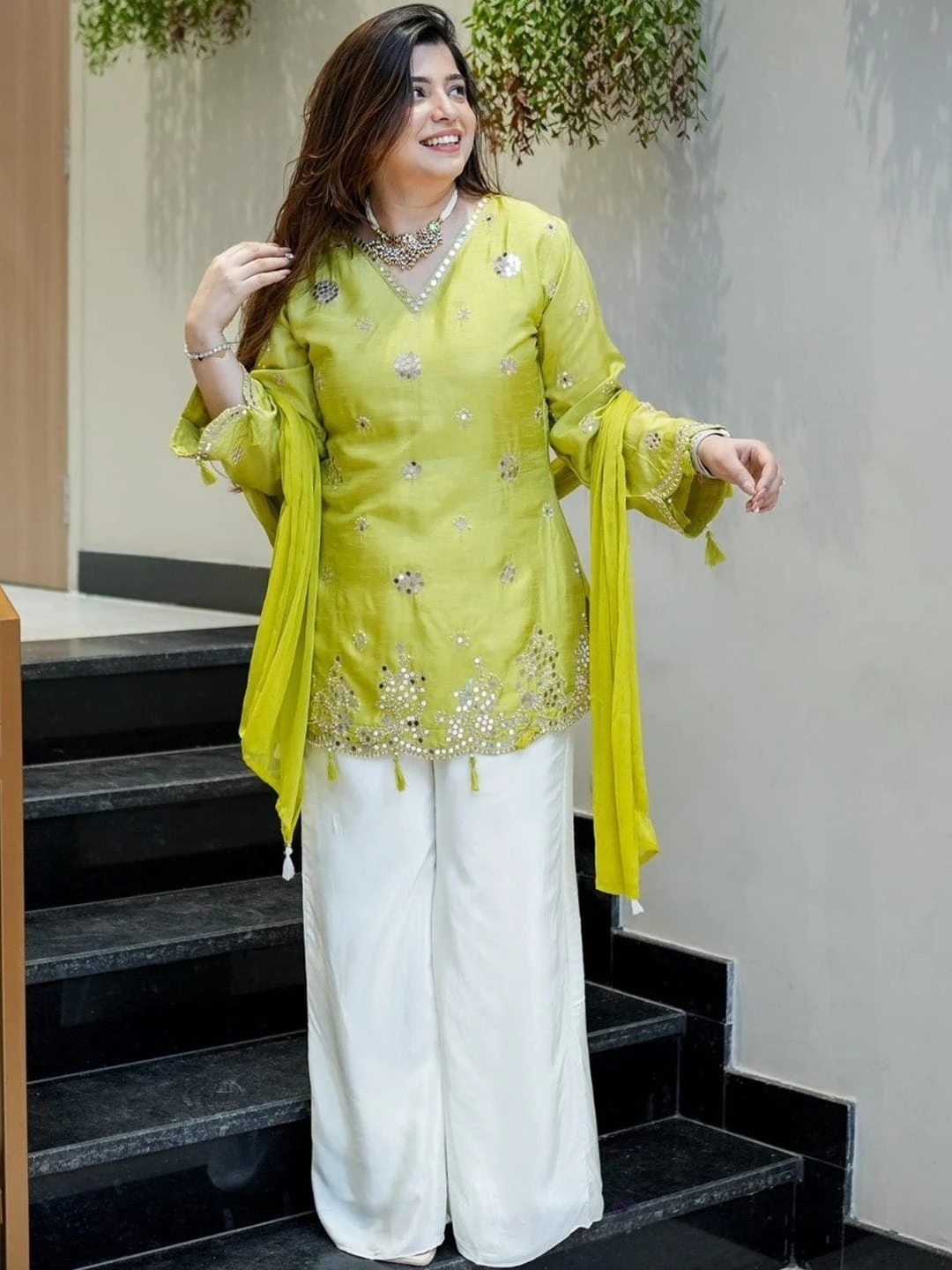 AMRANI Designer Viscose Glass Kurta Palazzo Set With Dupatta