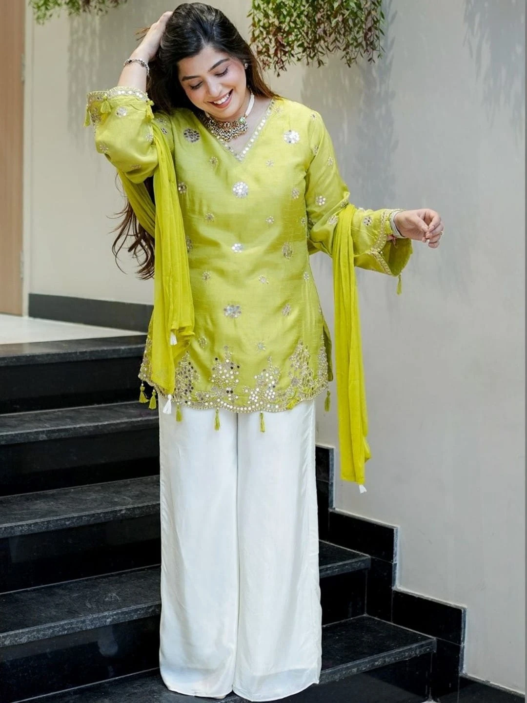AMRANI Designer Viscose Glass Kurta Palazzo Set With Dupatta