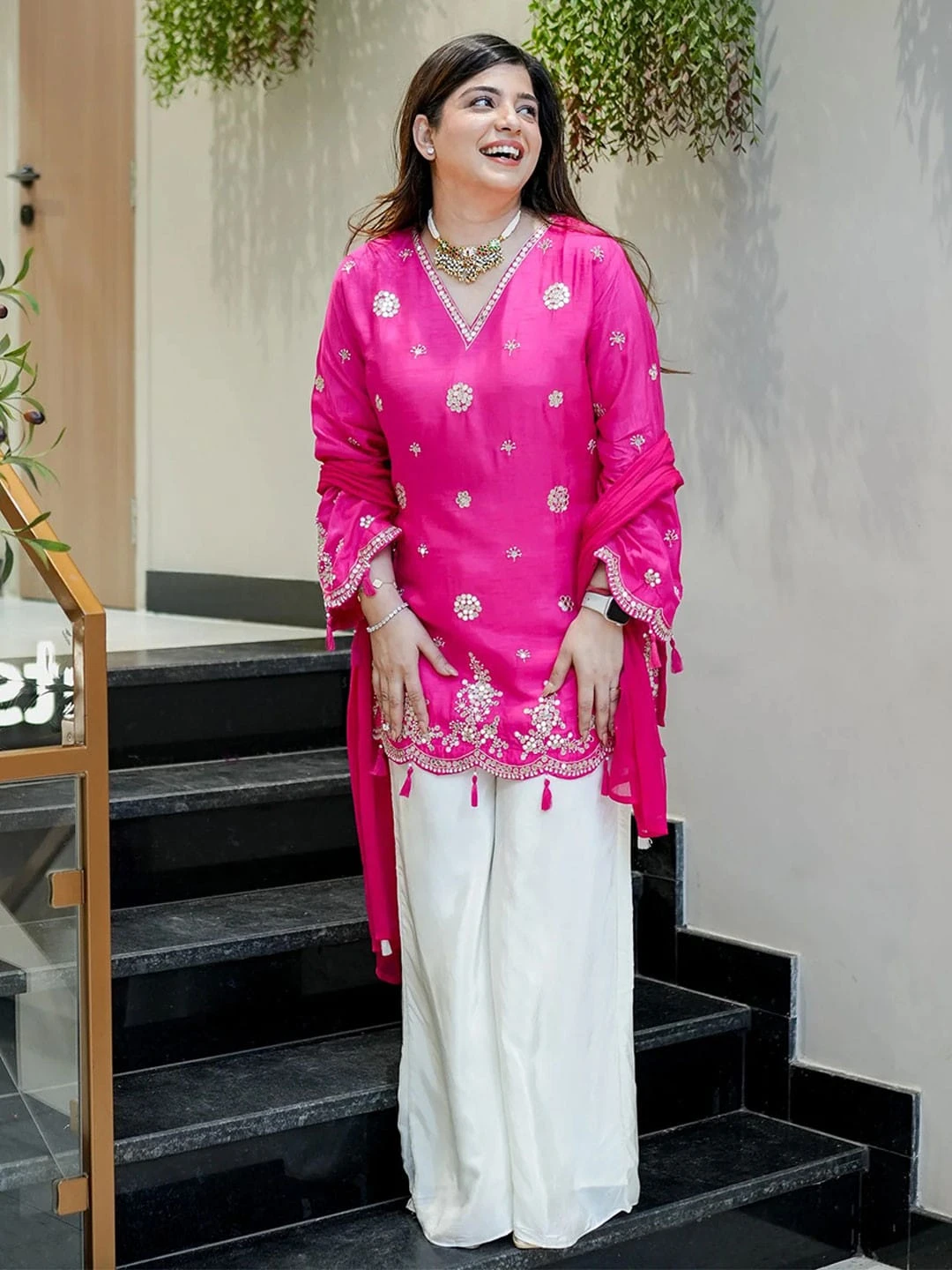 AMRANI Designer Viscose Glass Kurta Palazzo Set With Dupatta