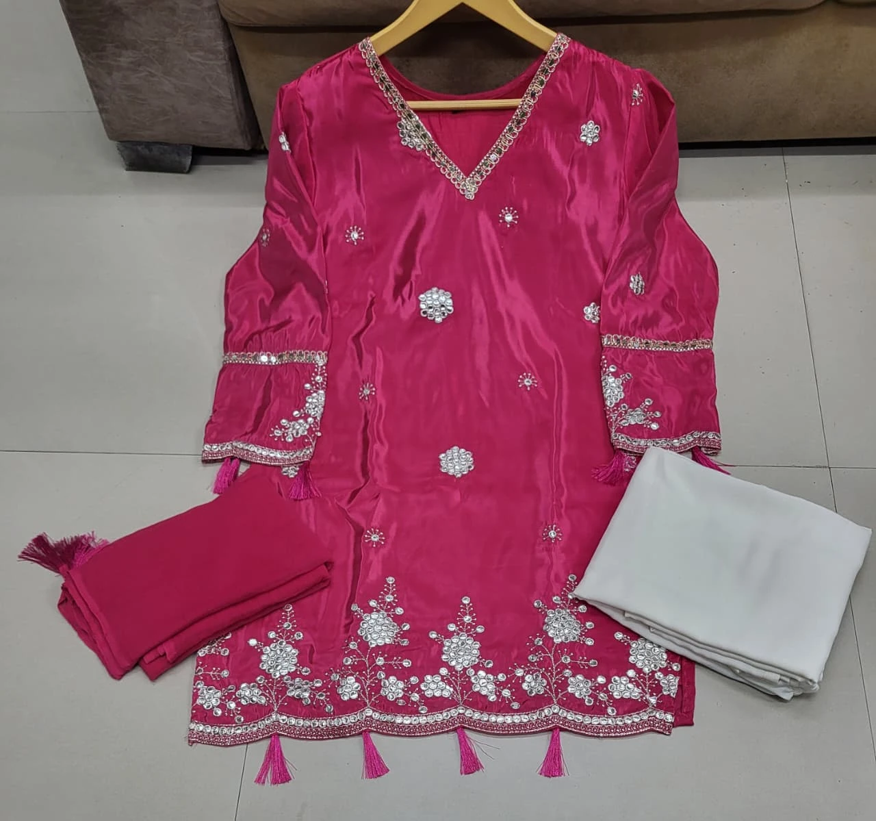 AMRANI Designer Viscose Glass Kurta Palazzo Set With Dupatta