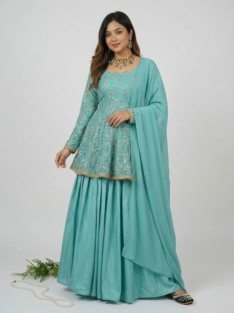 AMRANI Fandy Silk Embroidery Sequence Kediyu Lehenga Set With Dupatta