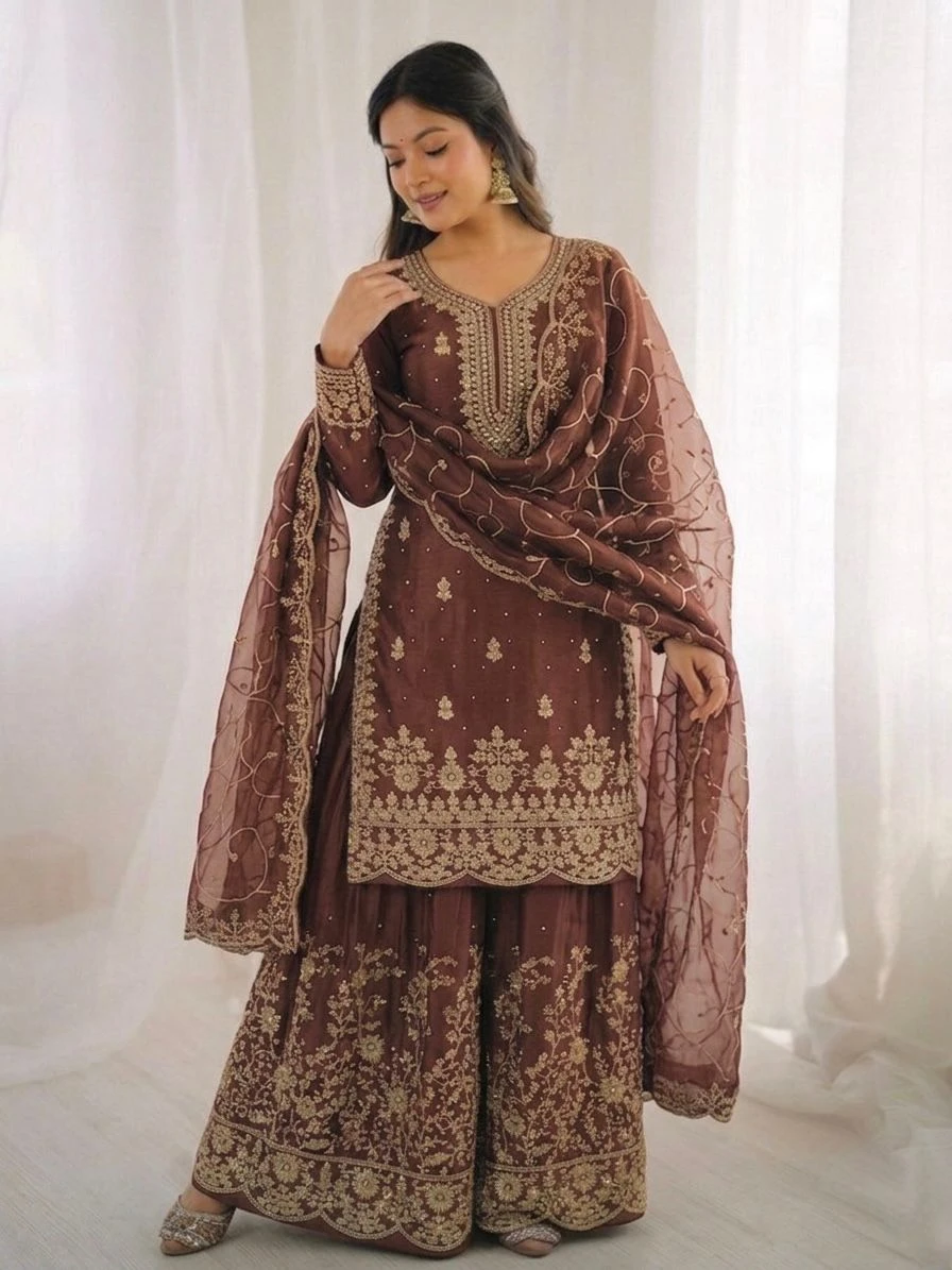 AMRANI GMY Silk Embroidery Palazzo Dress Set