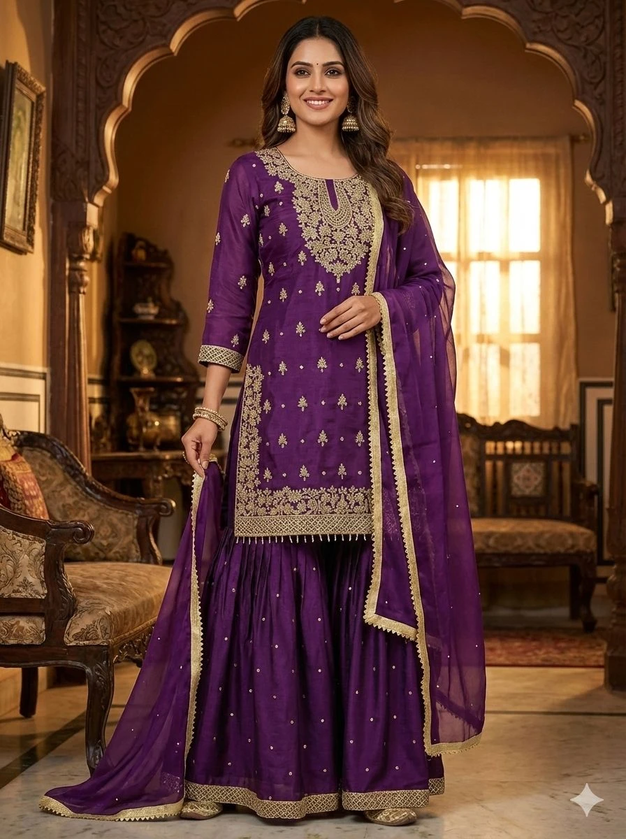 AMRANI GMY Silk Embroidery Sequence Work Sharara Suit With Dupatta