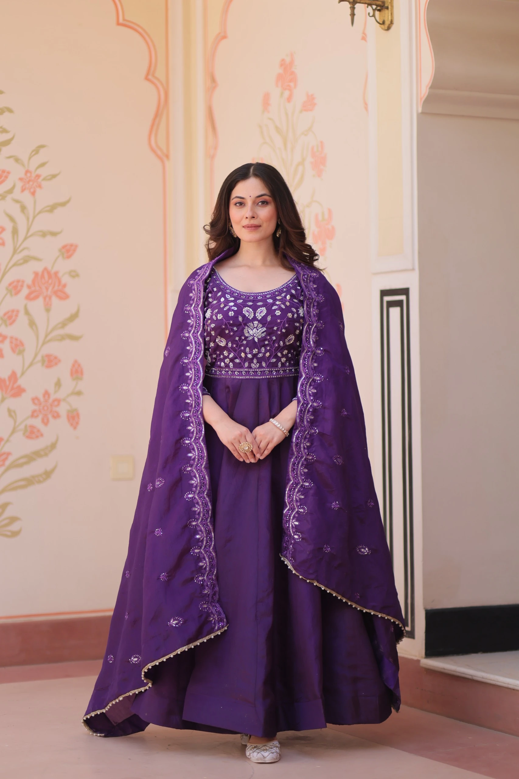 AMRANI Gold Crush Beads Embroidery Gown With Dupatta