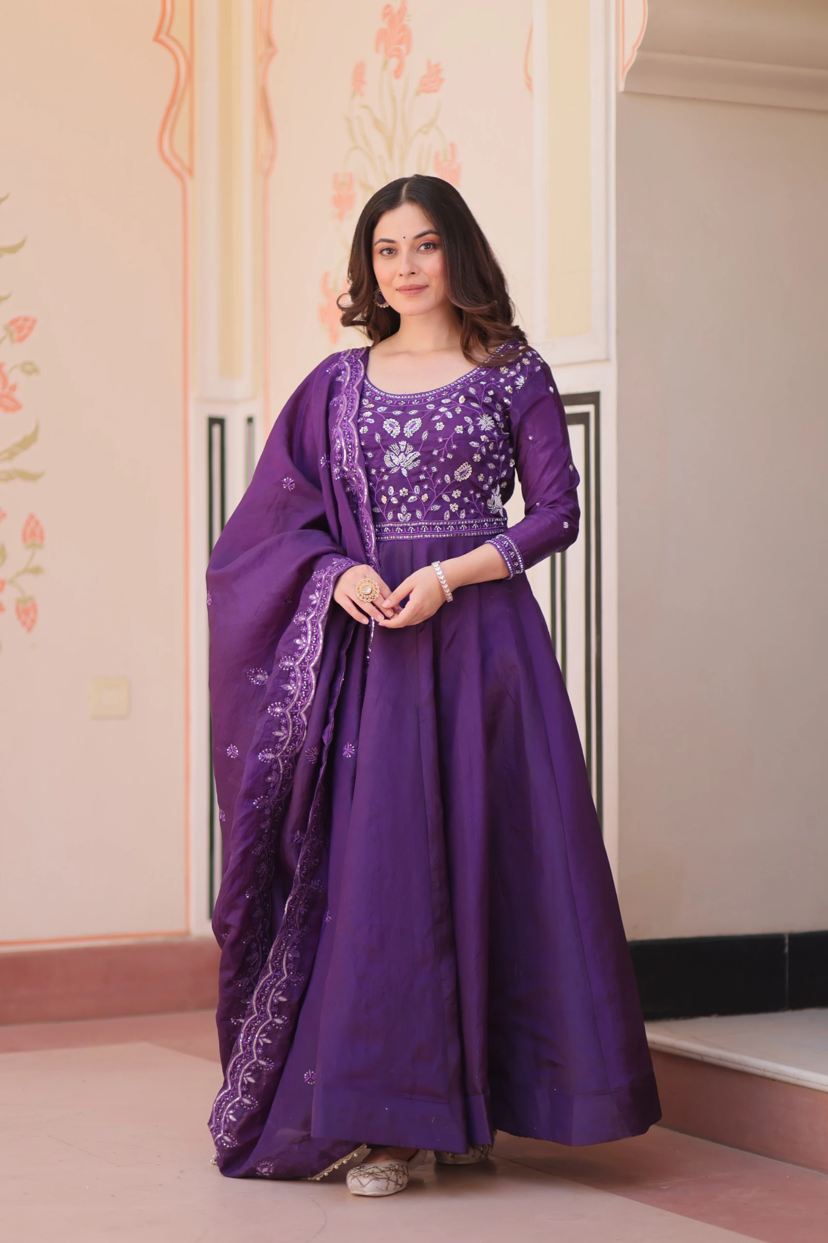 AMRANI Gold Crush Beads Embroidery Gown With Dupatta