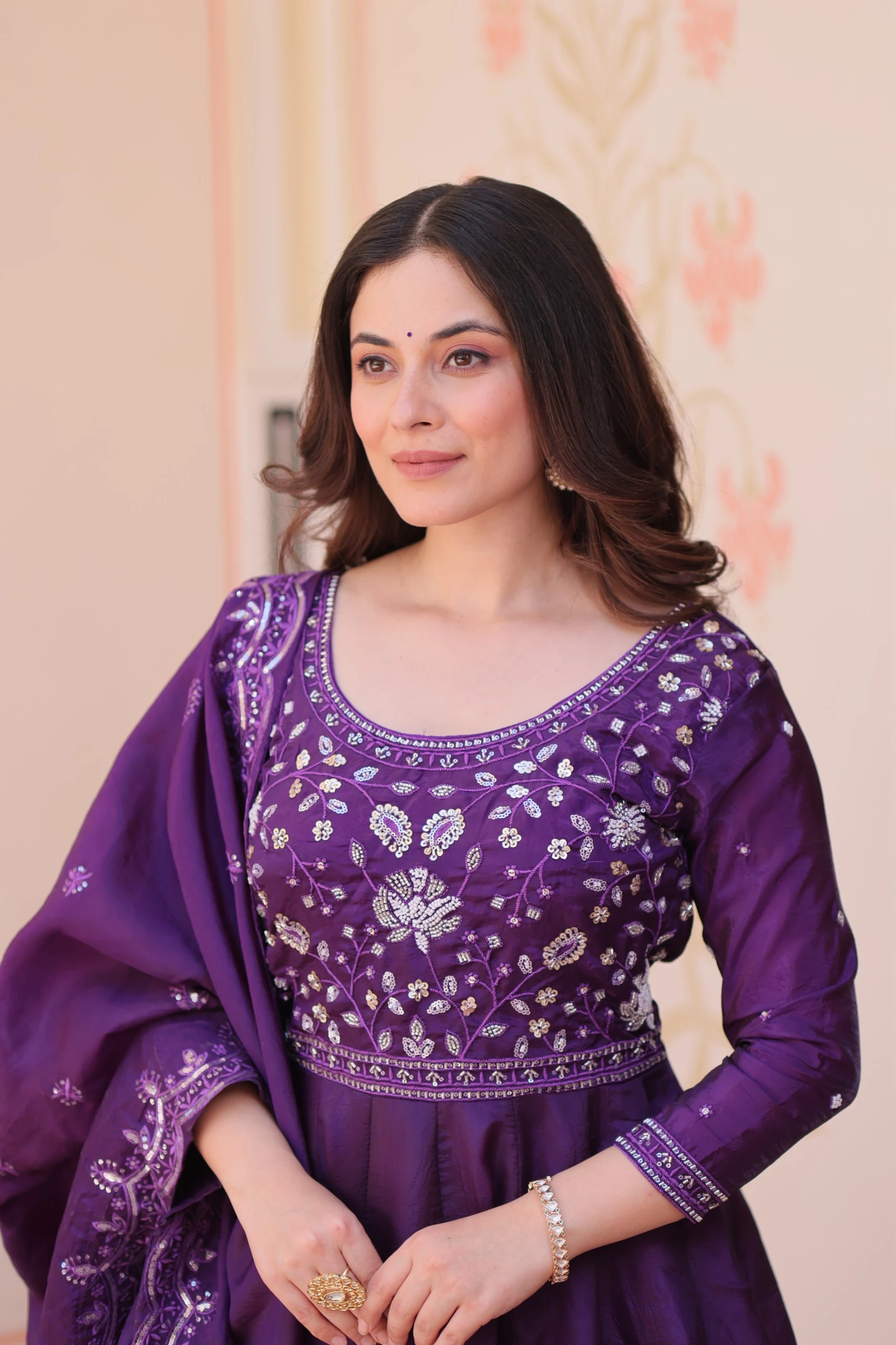 AMRANI Gold Crush Beads Embroidery Gown With Dupatta