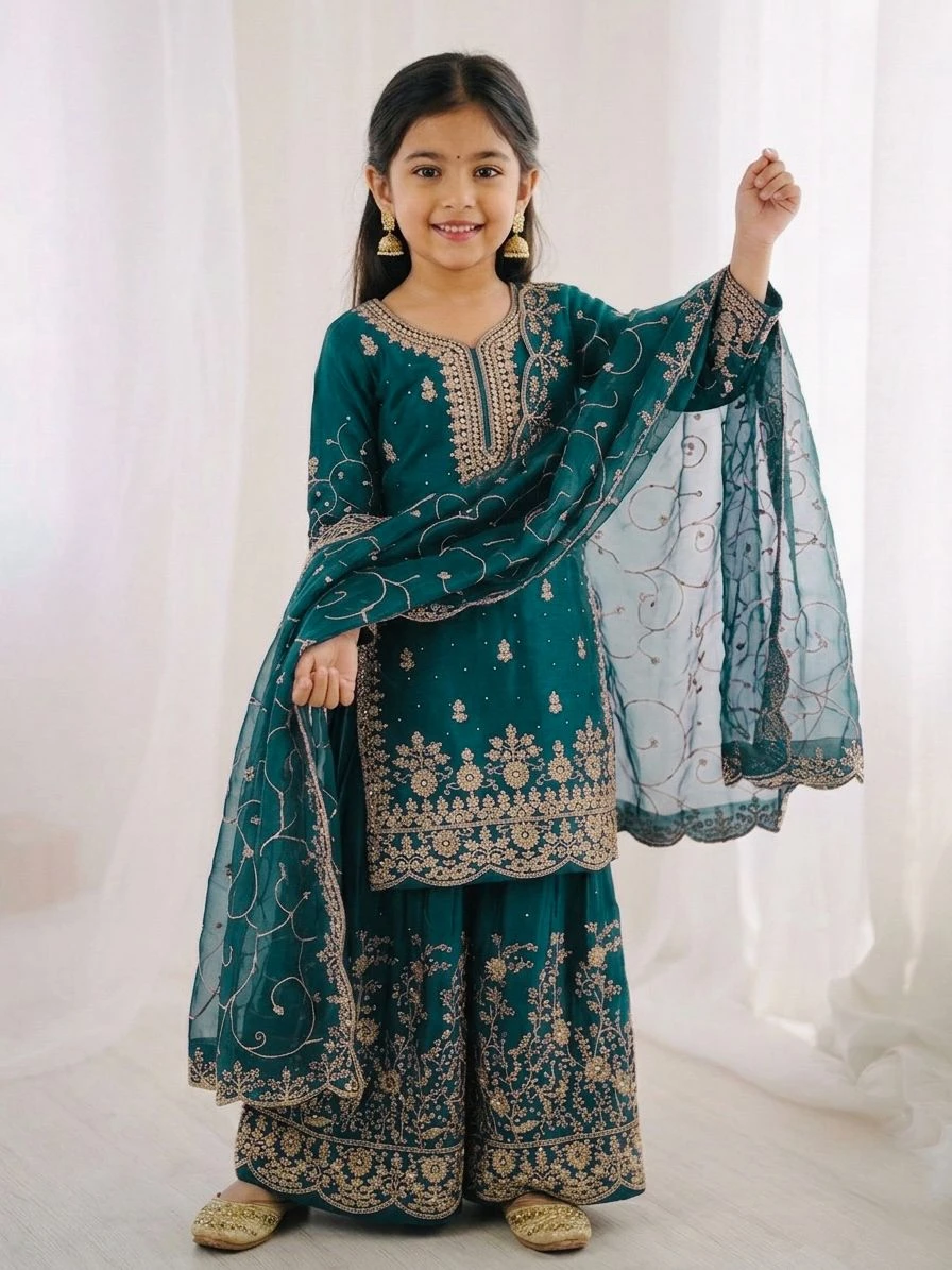 AMRANI Kids GMY Silk Embroidery Palazzo Dress Set