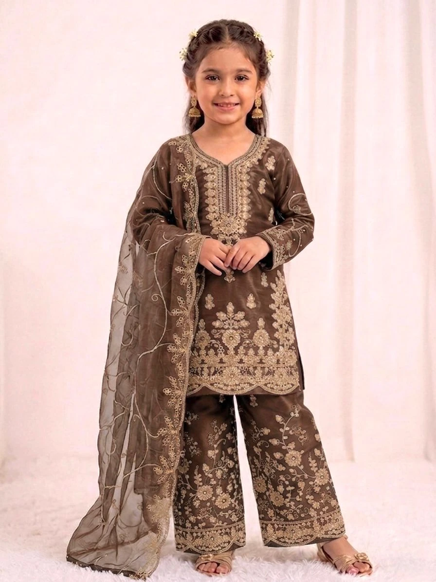 AMRANI Kids GMY Silk Embroidery Palazzo Dress Set