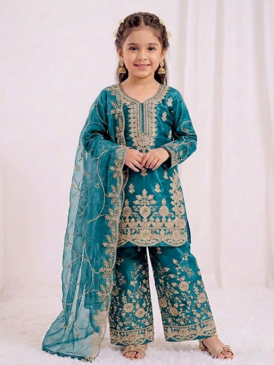AMRANI Kids GMY Silk Embroidery Palazzo Dress Set
