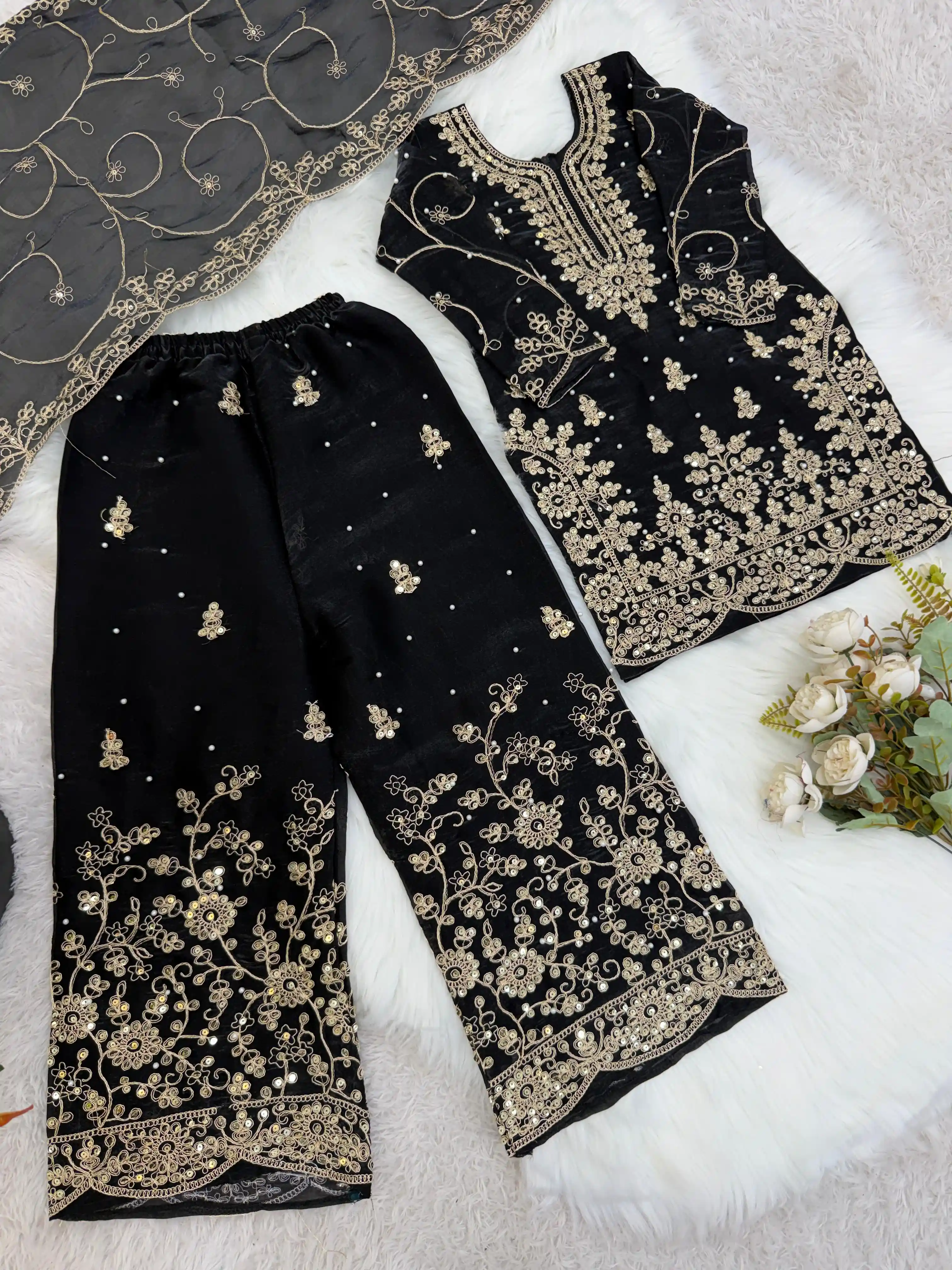 AMRANI Kids GMY Silk Embroidery Palazzo Dress Set