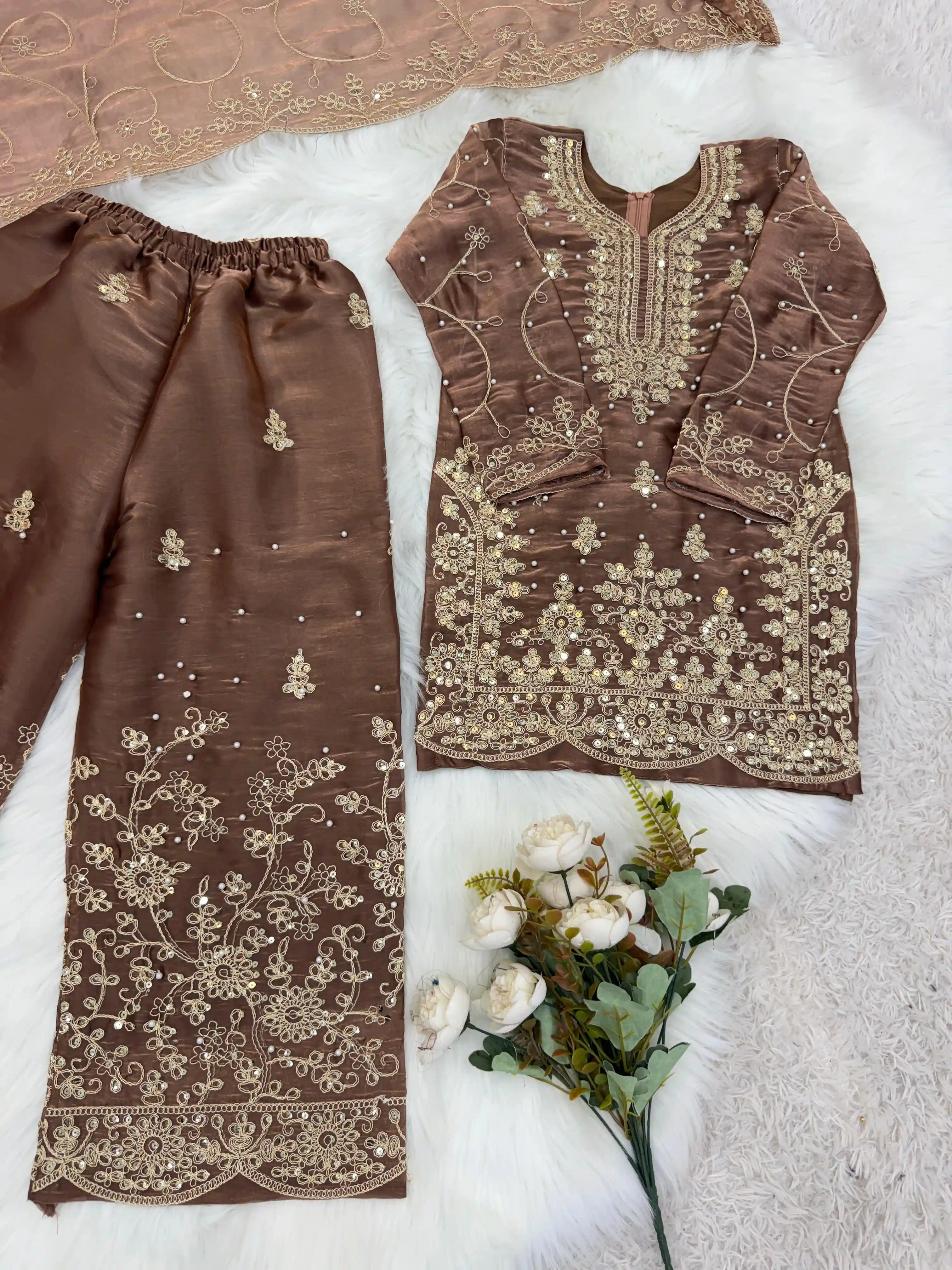 AMRANI Kids GMY Silk Embroidery Palazzo Dress Set