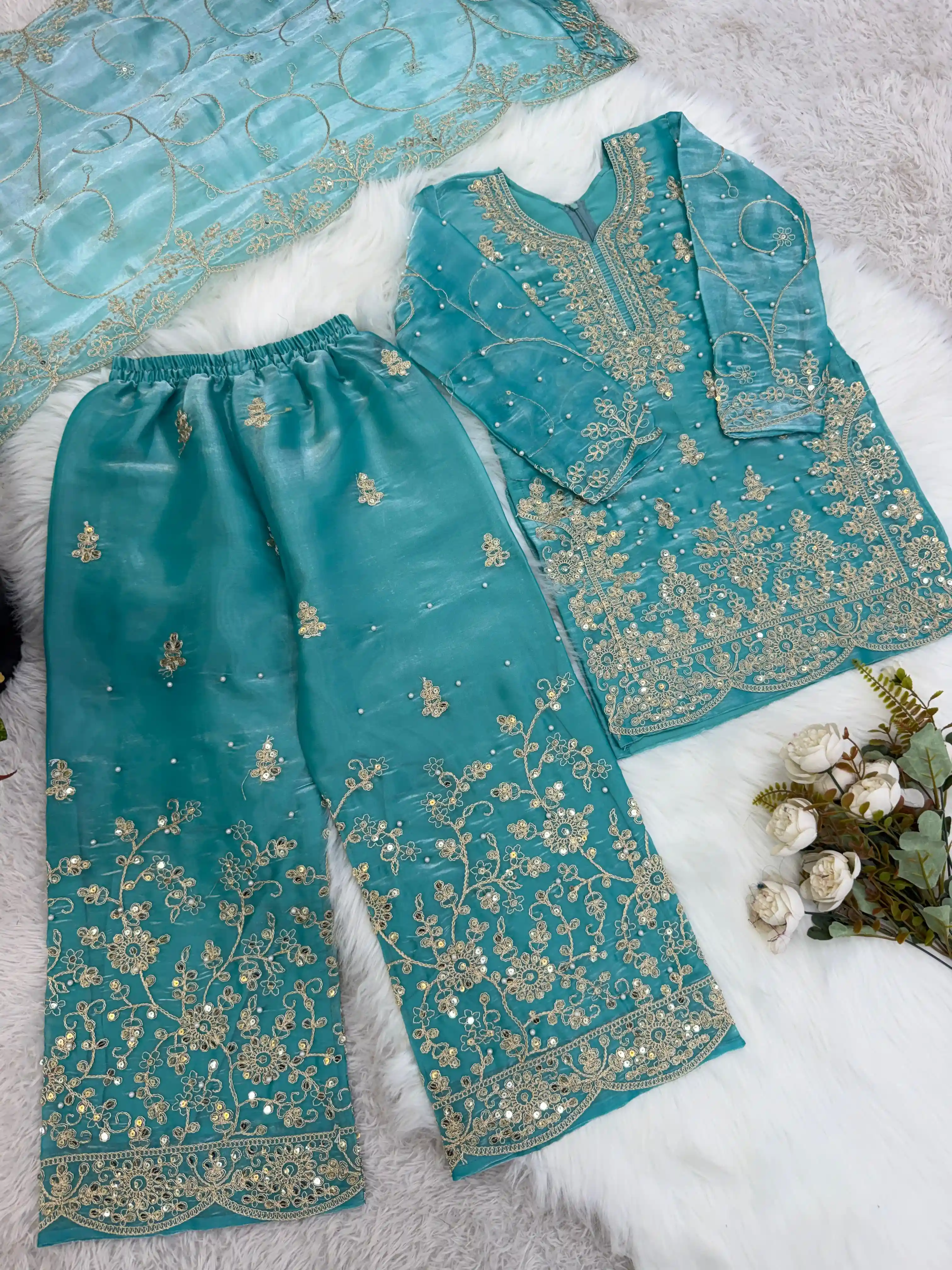 AMRANI Kids GMY Silk Embroidery Palazzo Dress Set