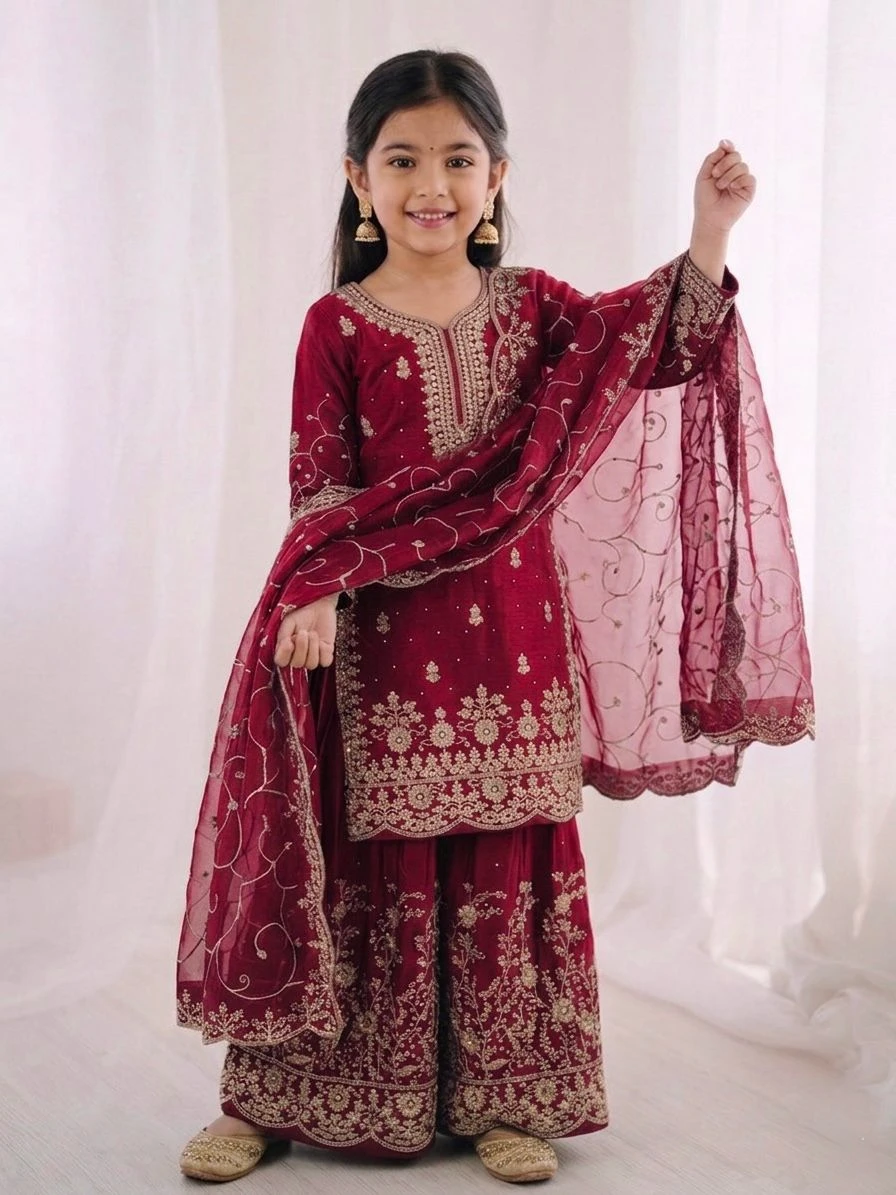 AMRANI Kids GMY Silk Embroidery Palazzo Dress Set