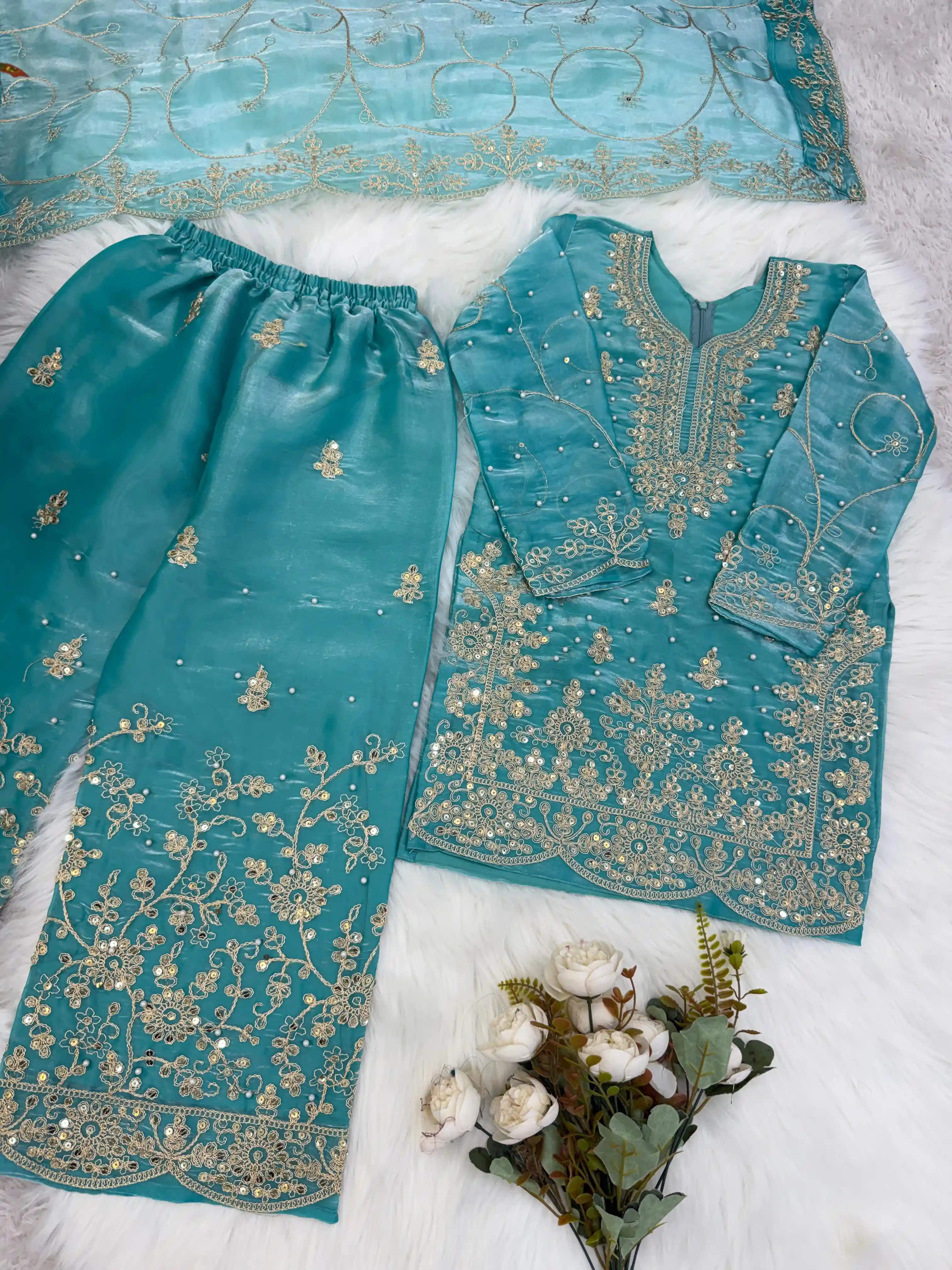 AMRANI Kids GMY Silk Embroidery Palazzo Dress Set