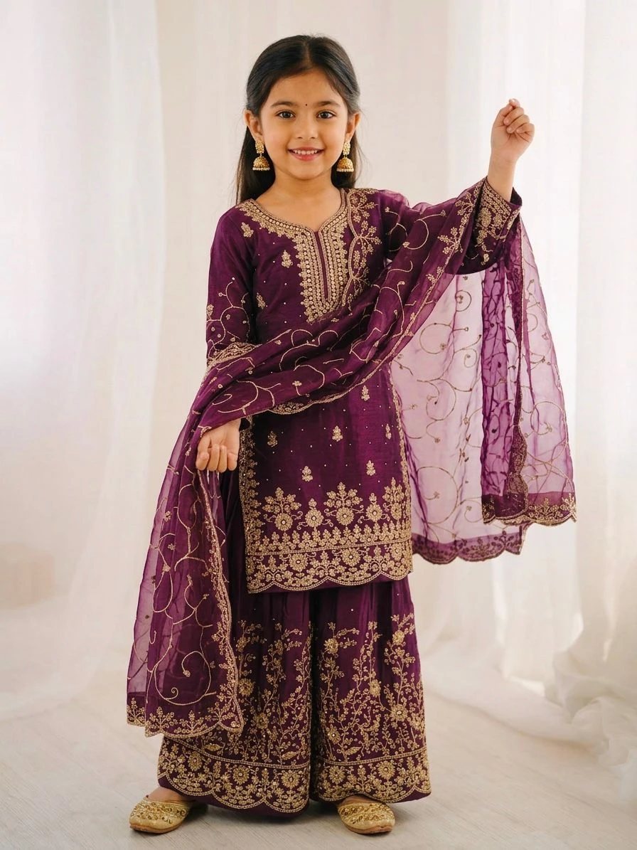 AMRANI Kids GMY Silk Embroidery Palazzo Dress Set