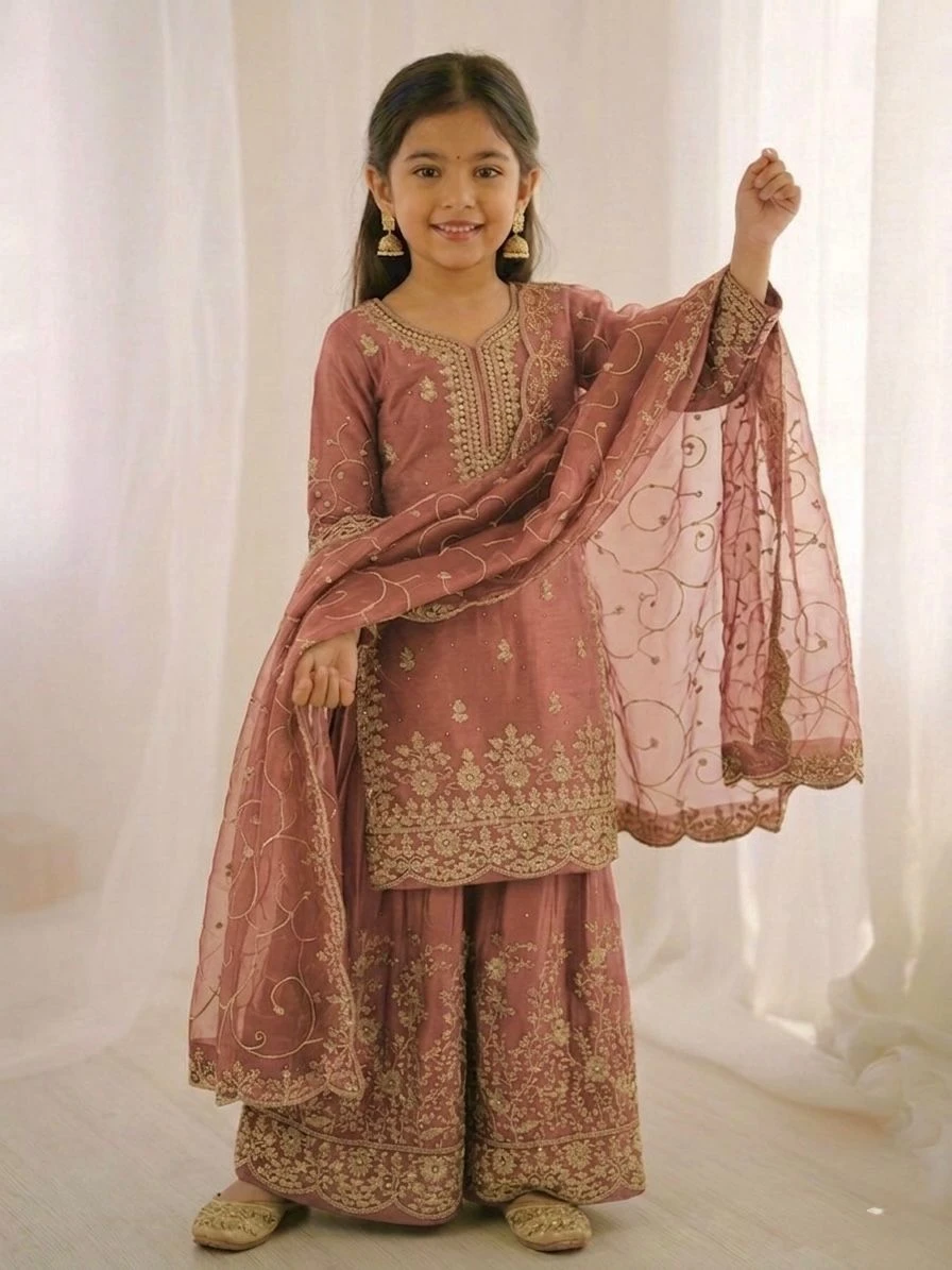 AMRANI Kids GMY Silk Embroidery Palazzo Dress Set