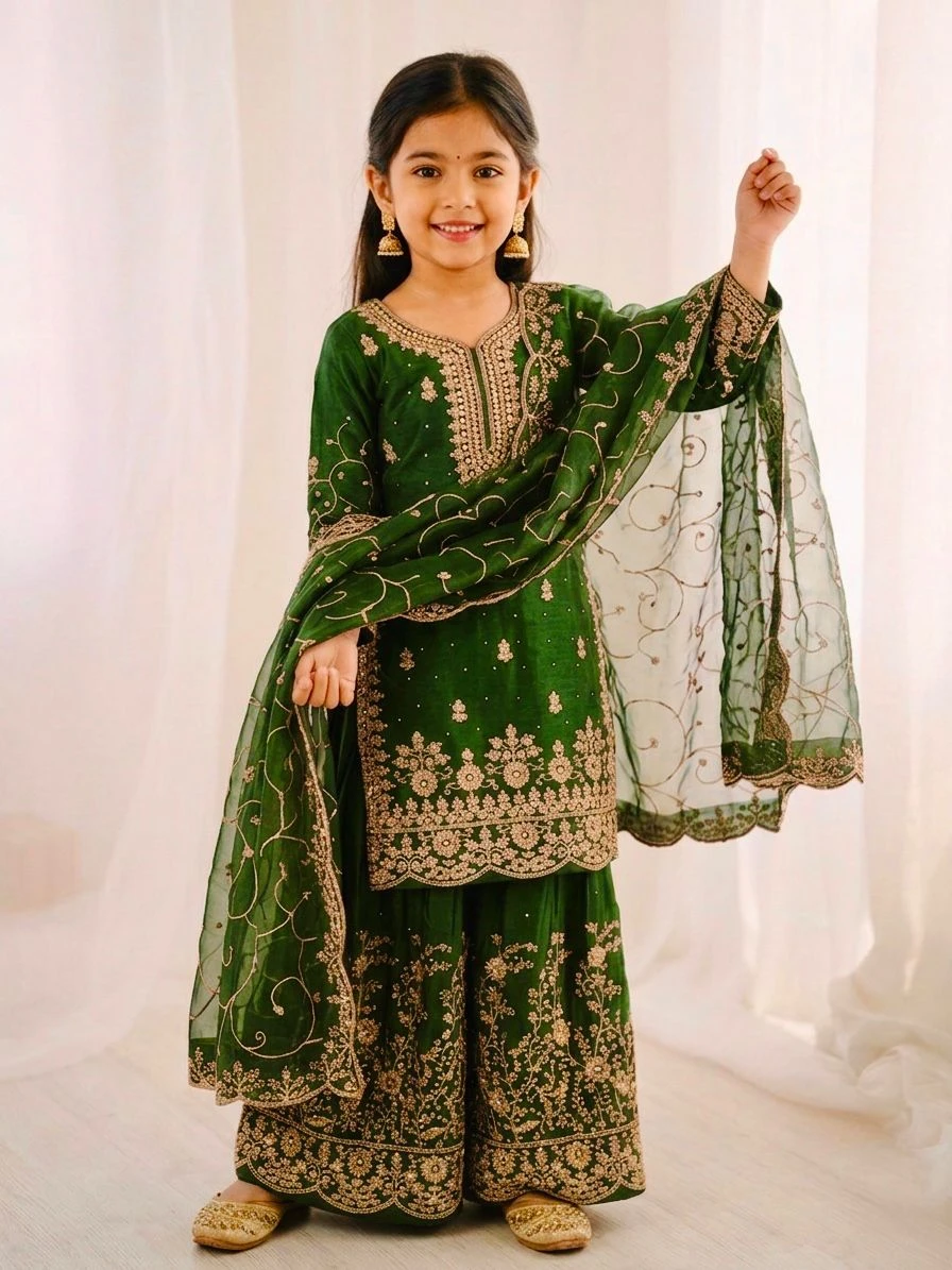 AMRANI Kids GMY Silk Embroidery Palazzo Dress Set