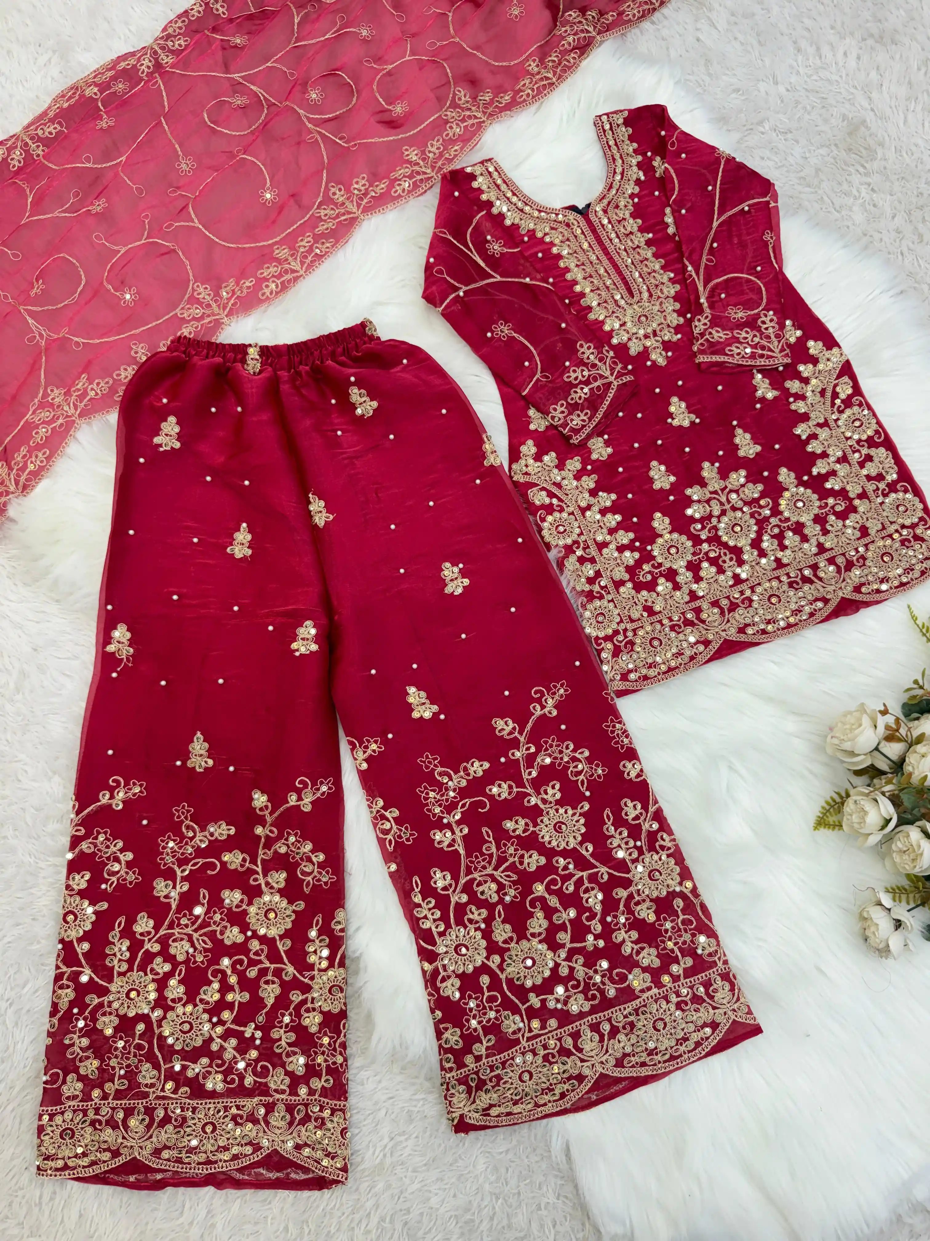 AMRANI Kids GMY Silk Embroidery Palazzo Dress Set