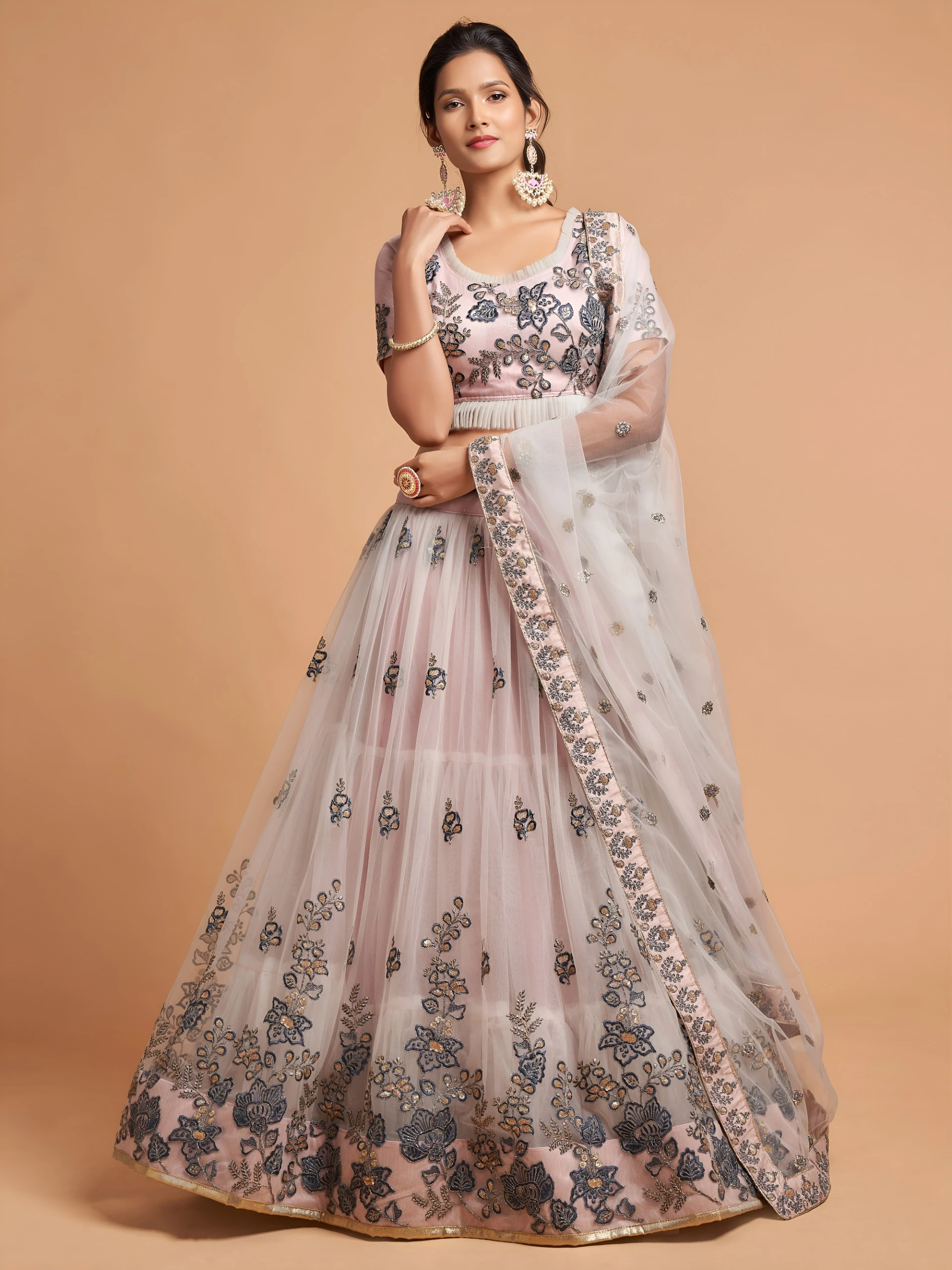 AMRANI Light Grey Embroidered Lehenga Choli With Dupatta