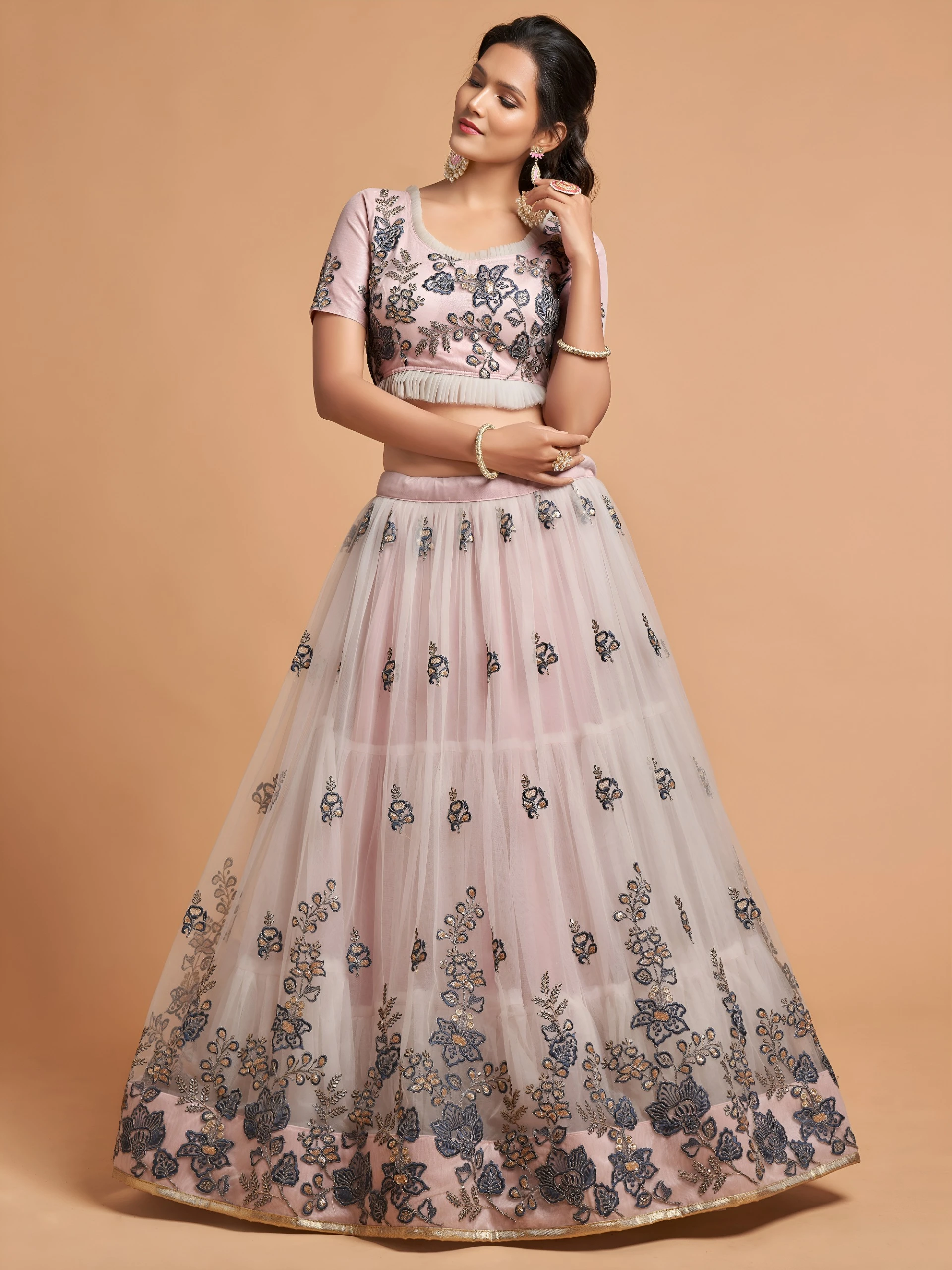 AMRANI Light Grey Embroidered Lehenga Choli With Dupatta