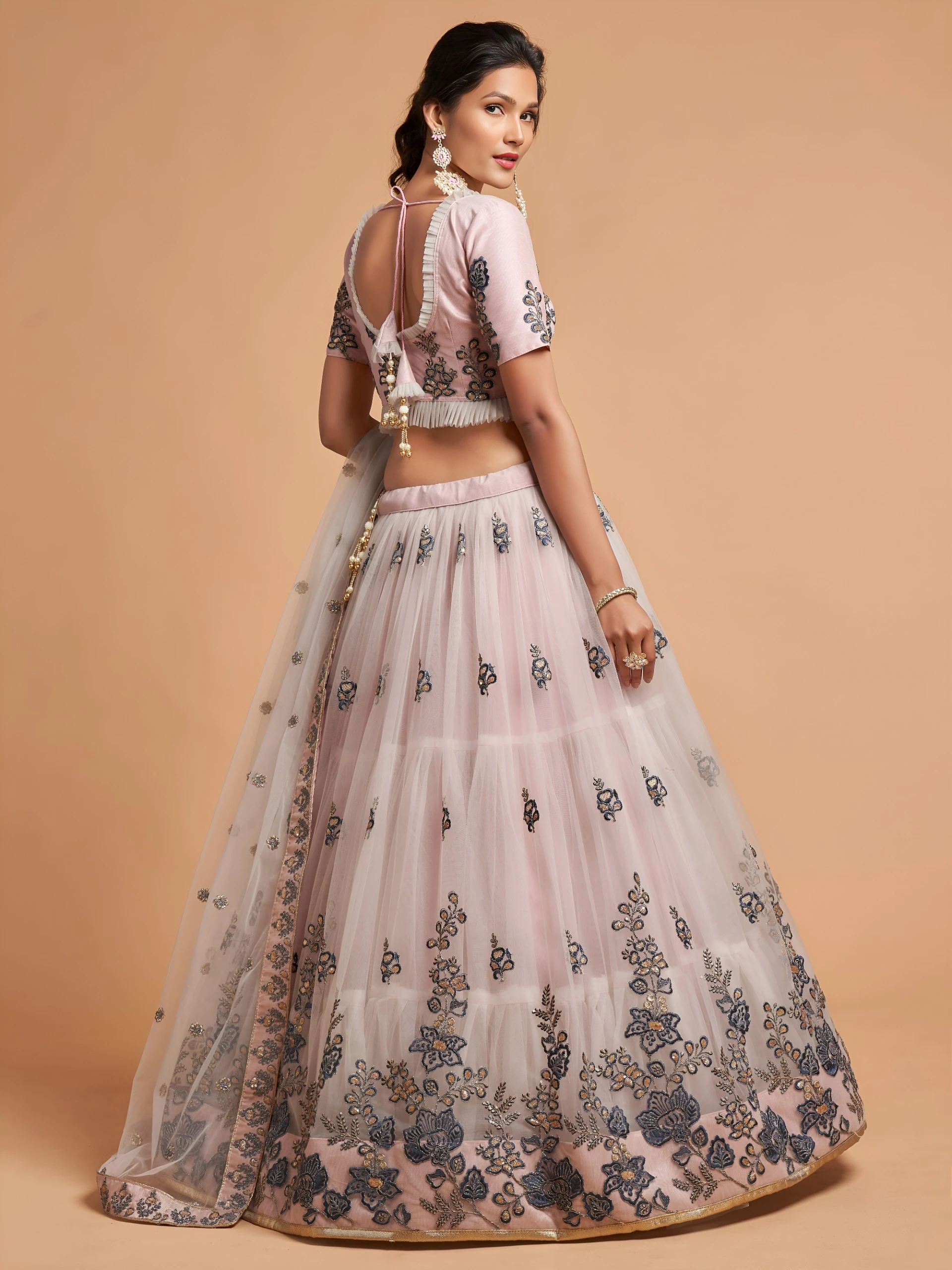 AMRANI Light Grey Embroidered Lehenga Choli With Dupatta