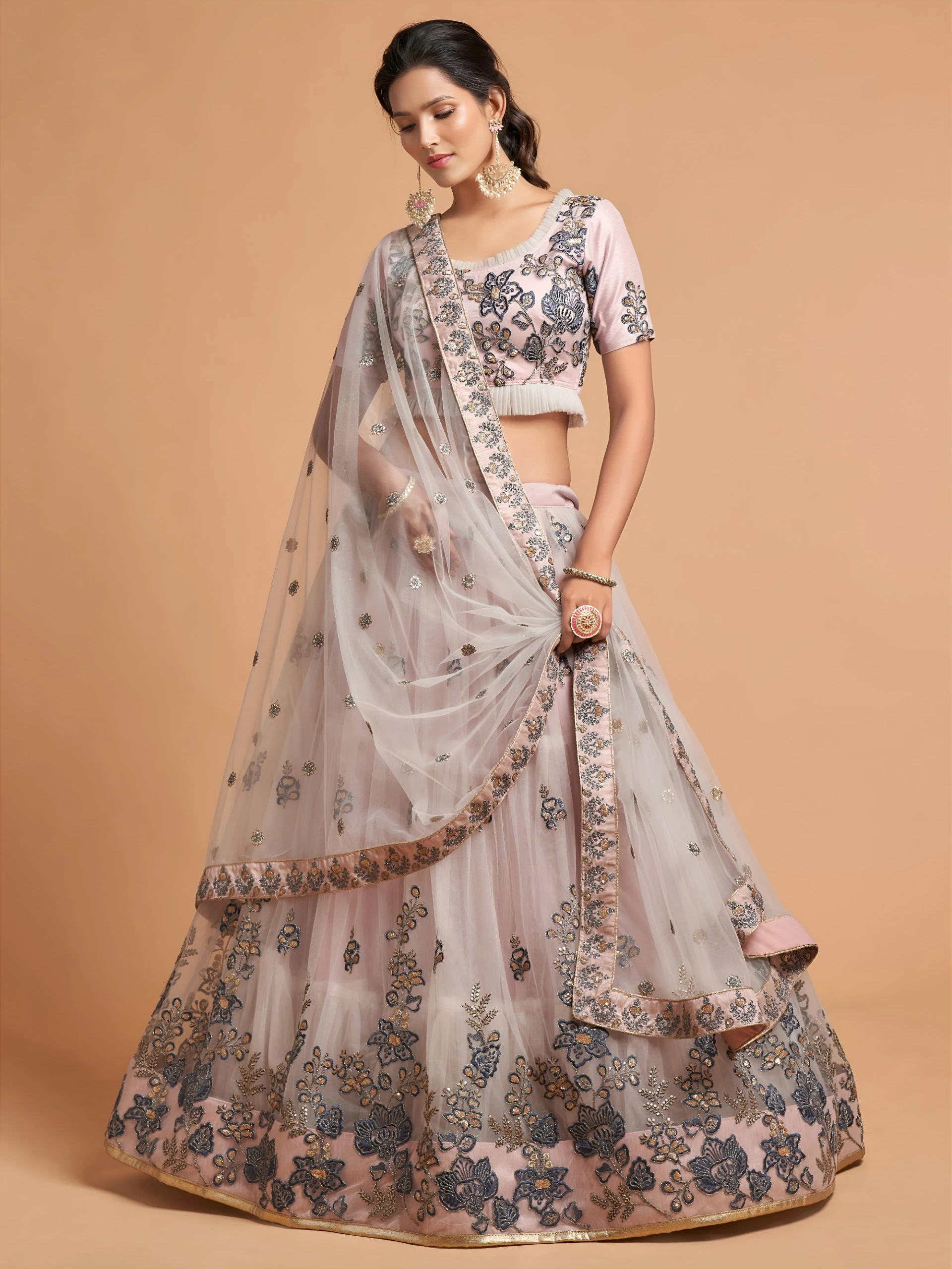 AMRANI Light Grey Embroidered Lehenga Choli With Dupatta