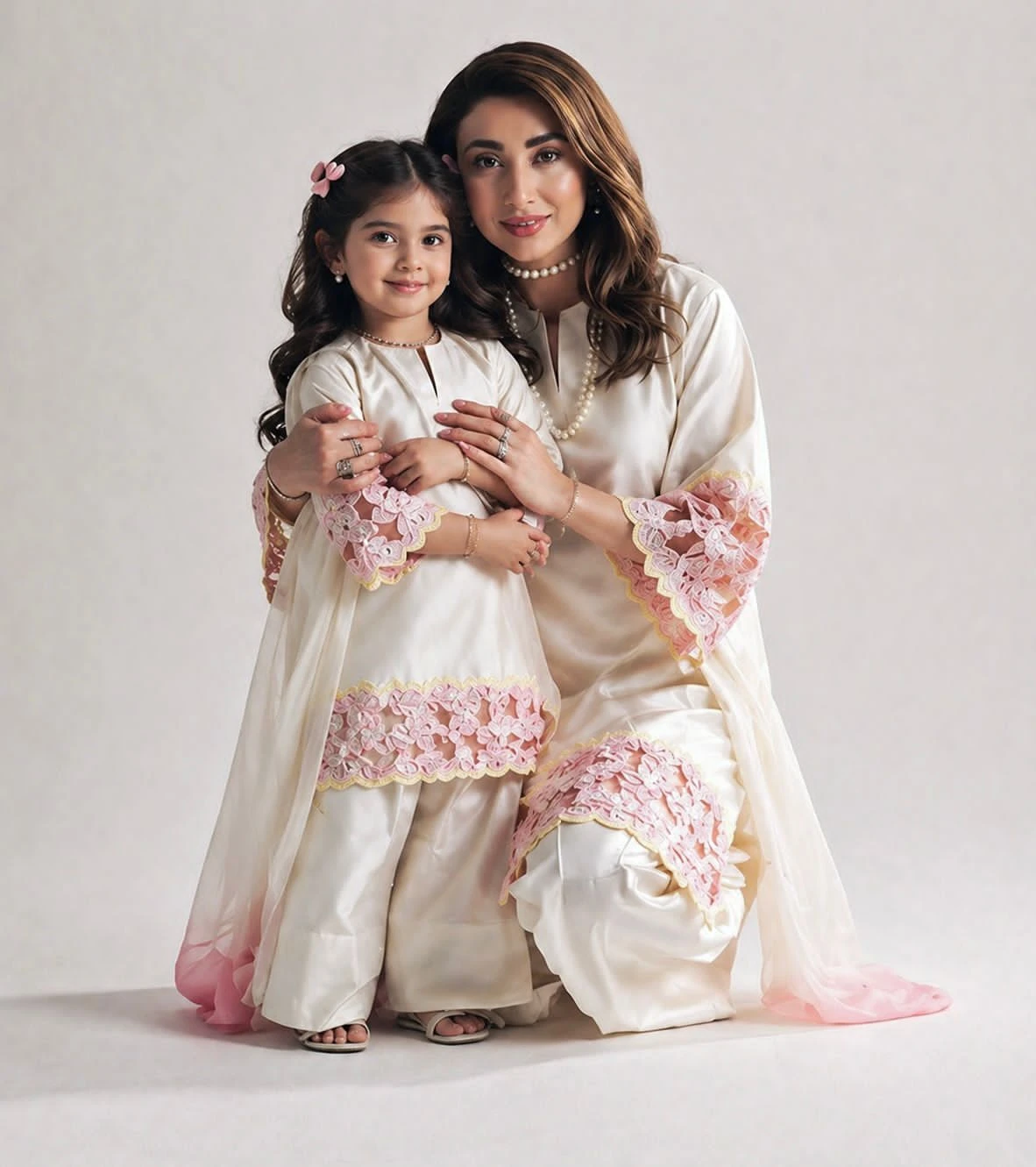 AMRANI Mom Daughter Natural Crepe Silk Farshi Salwar Suit With Organza Dupatta