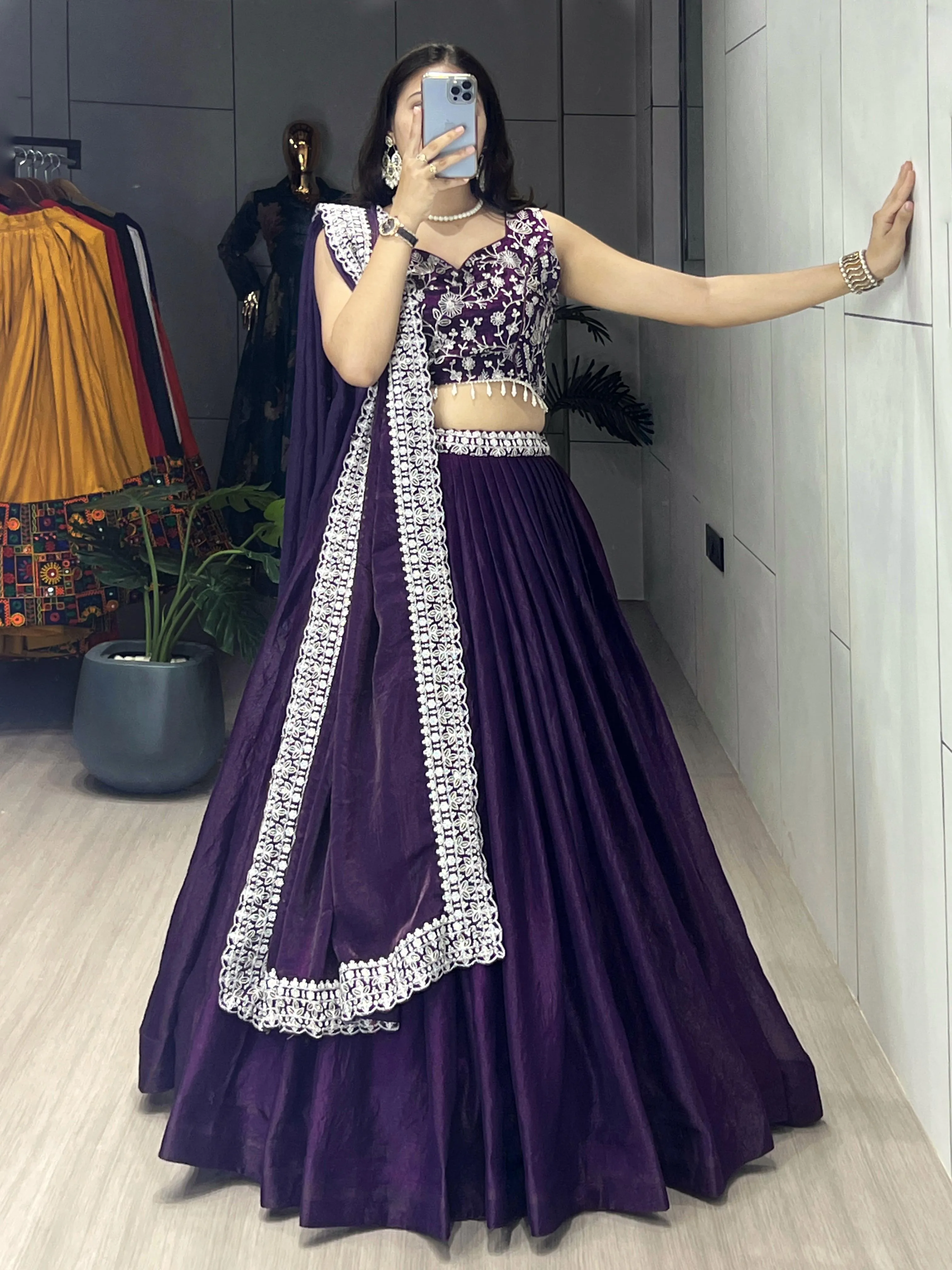AMRANI Premium Fendy Satin Silk Lehenga Set With Embroidered Blouse And Dupatta