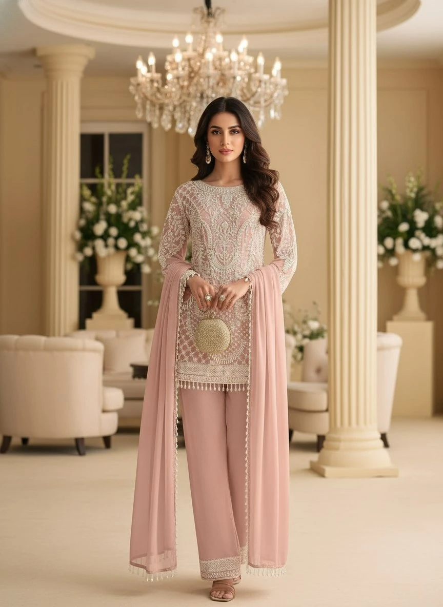 AMRANI Premium Georgette Embroidered Top Pant Dupatta Set