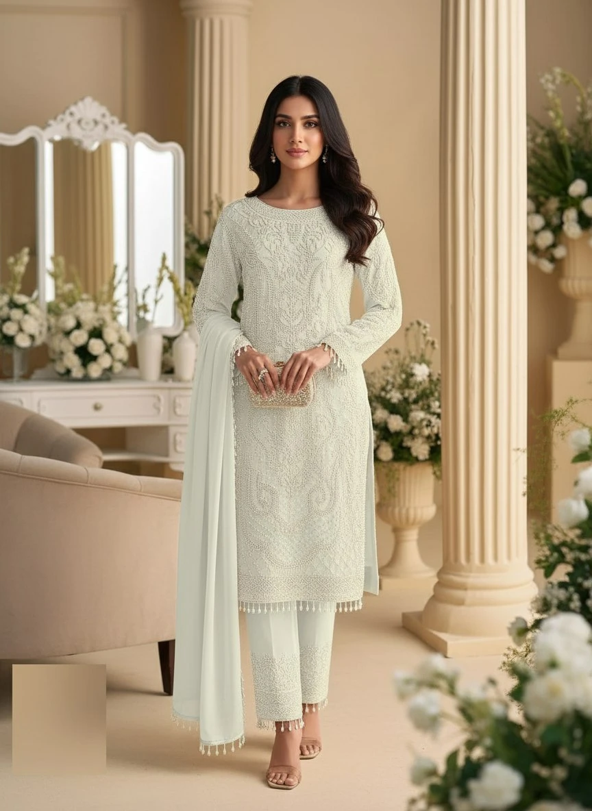 AMRANI Premium Georgette Embroidered Top Pant Dupatta Set