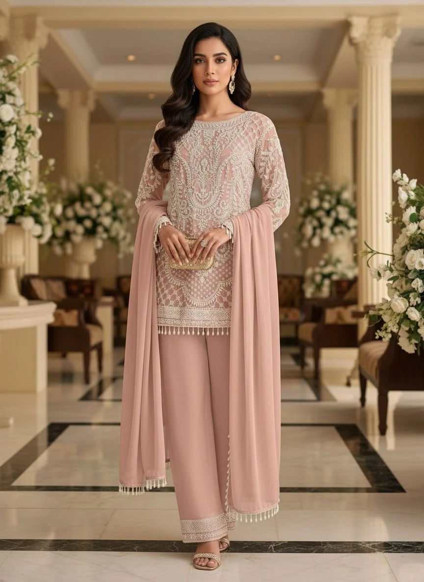 AMRANI Premium Georgette Embroidered Top Pant Dupatta Set