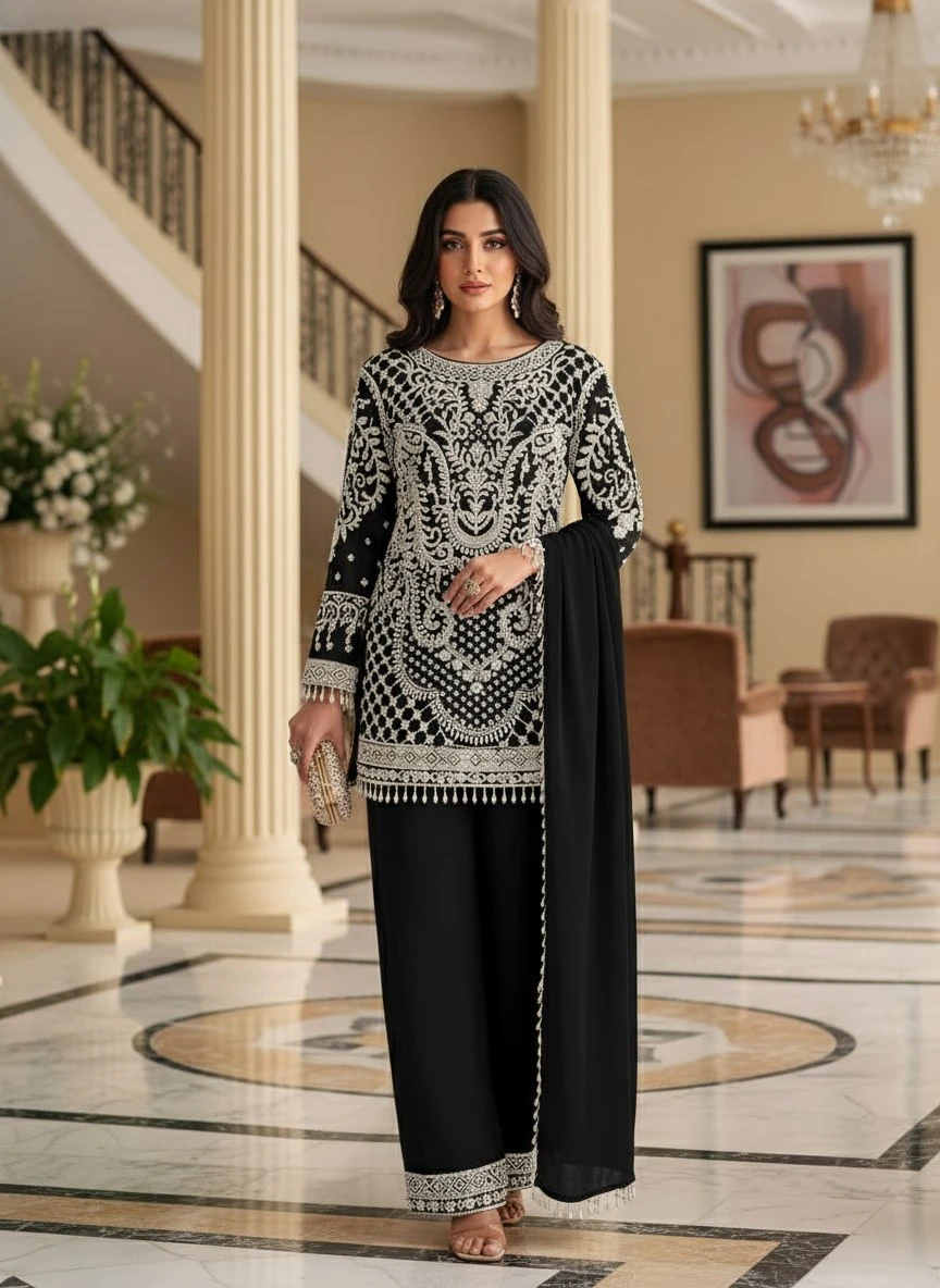AMRANI Premium Georgette Embroidered Top Pant Dupatta Set
