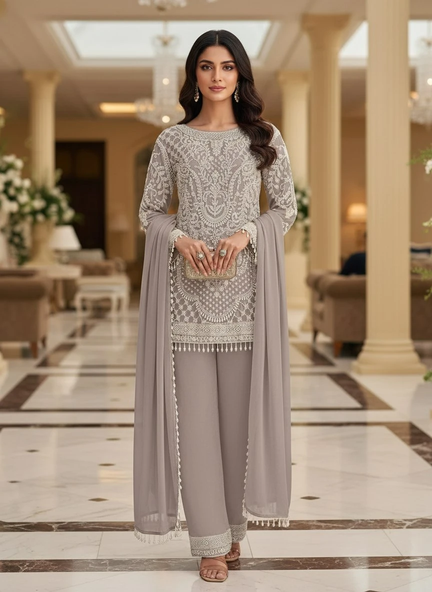 AMRANI Premium Georgette Embroidered Top Pant Dupatta Set