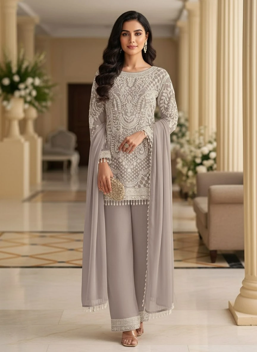 AMRANI Premium Georgette Embroidered Top Pant Dupatta Set
